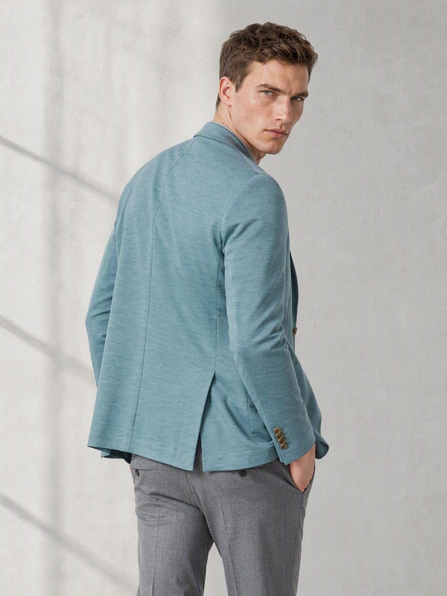 Men's Teal Blue Single-Breasted Linen Blazer – Back View