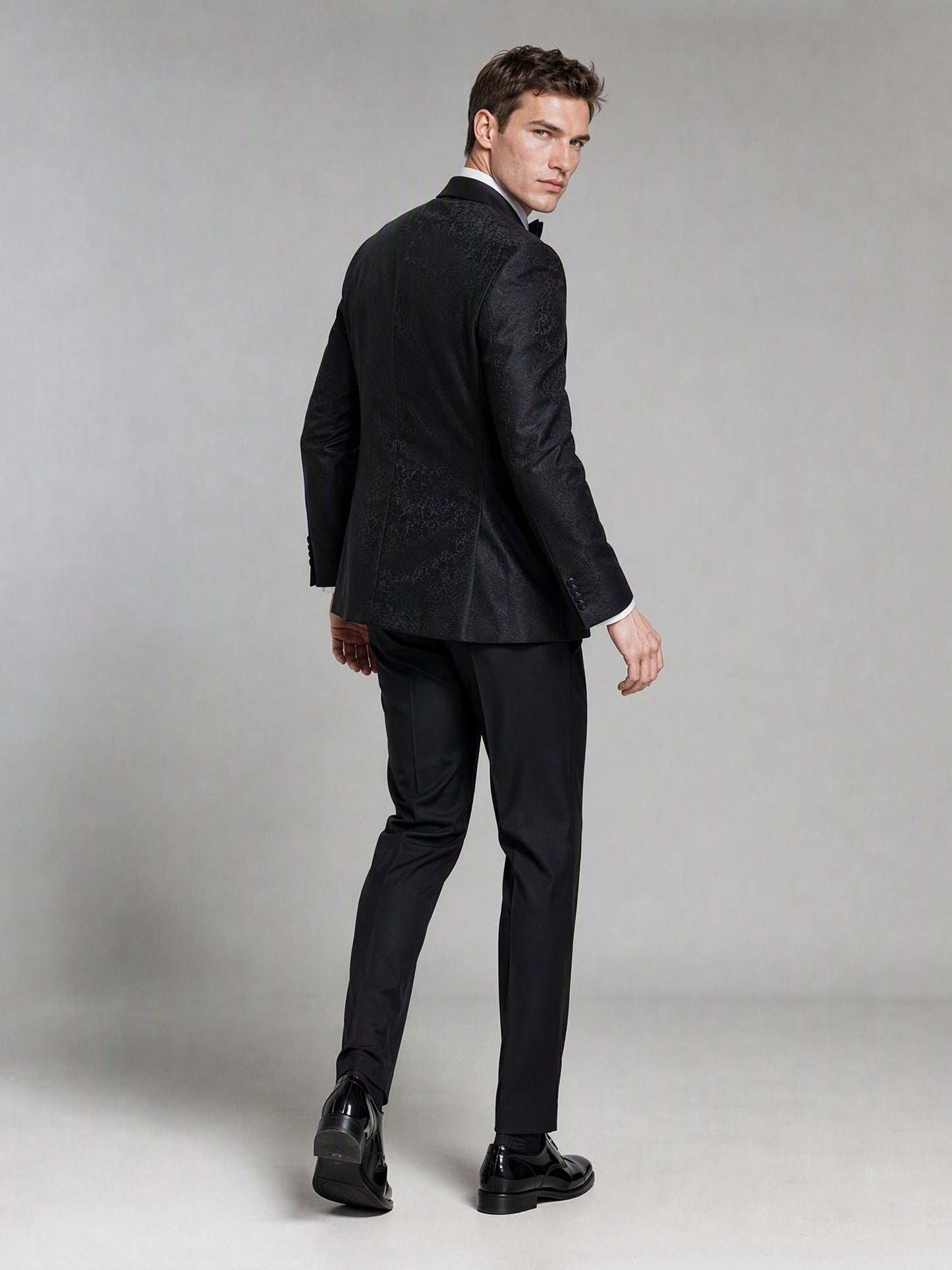 Men's Black Jacquard Tuxedo Suit – Upper Body Front View Showing Jacquard Detail