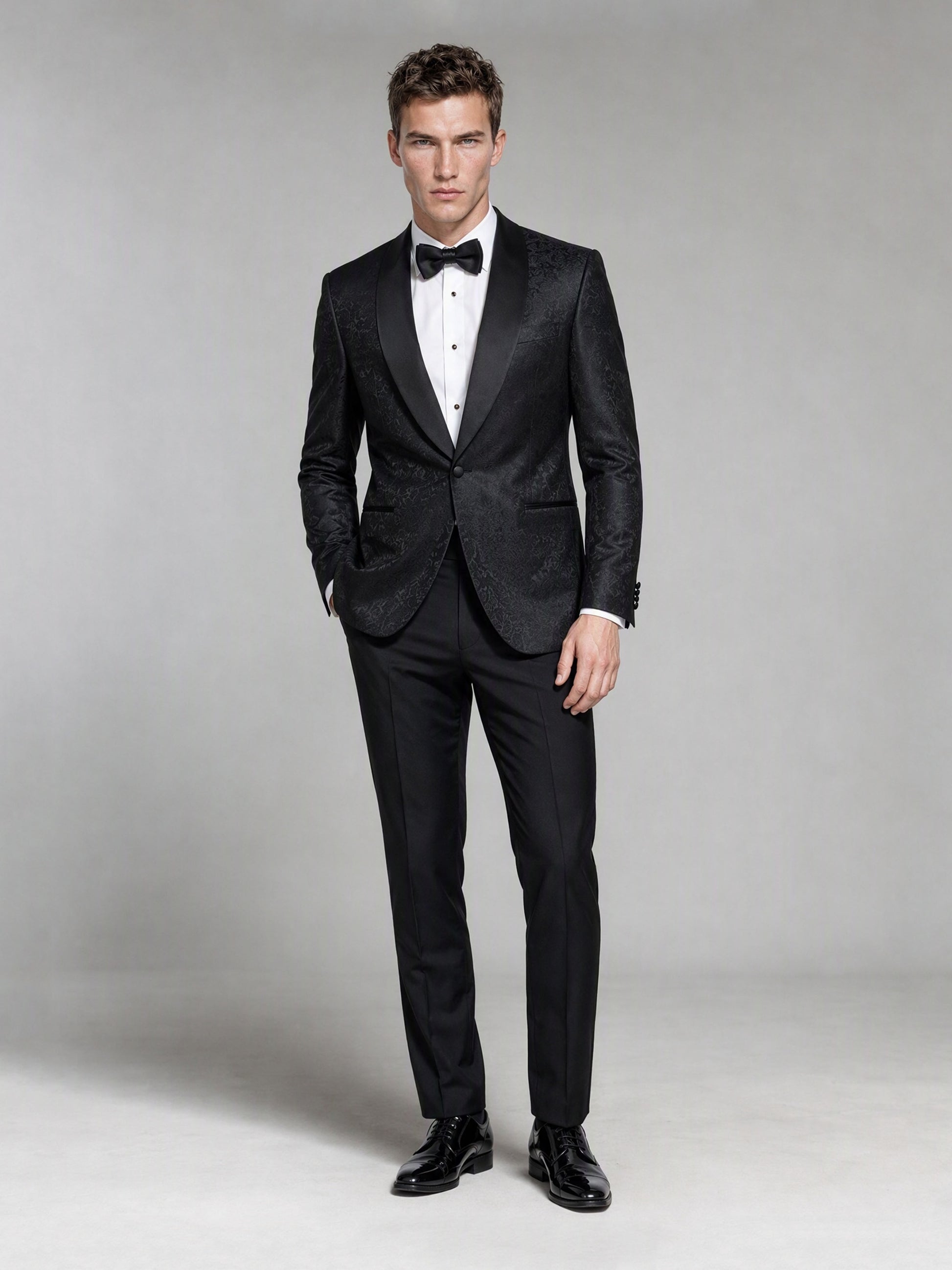 Men's Black Jacquard Tuxedo Suit – Back Walking View