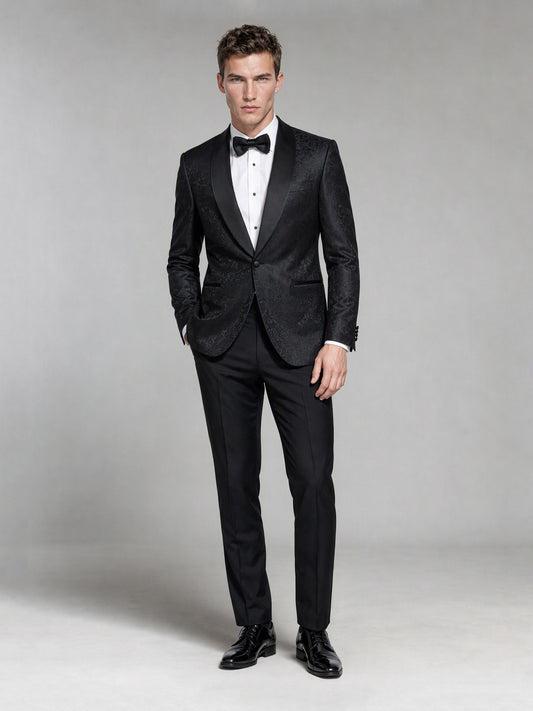 Men's Black Jacquard Tuxedo Suit – Back Walking View