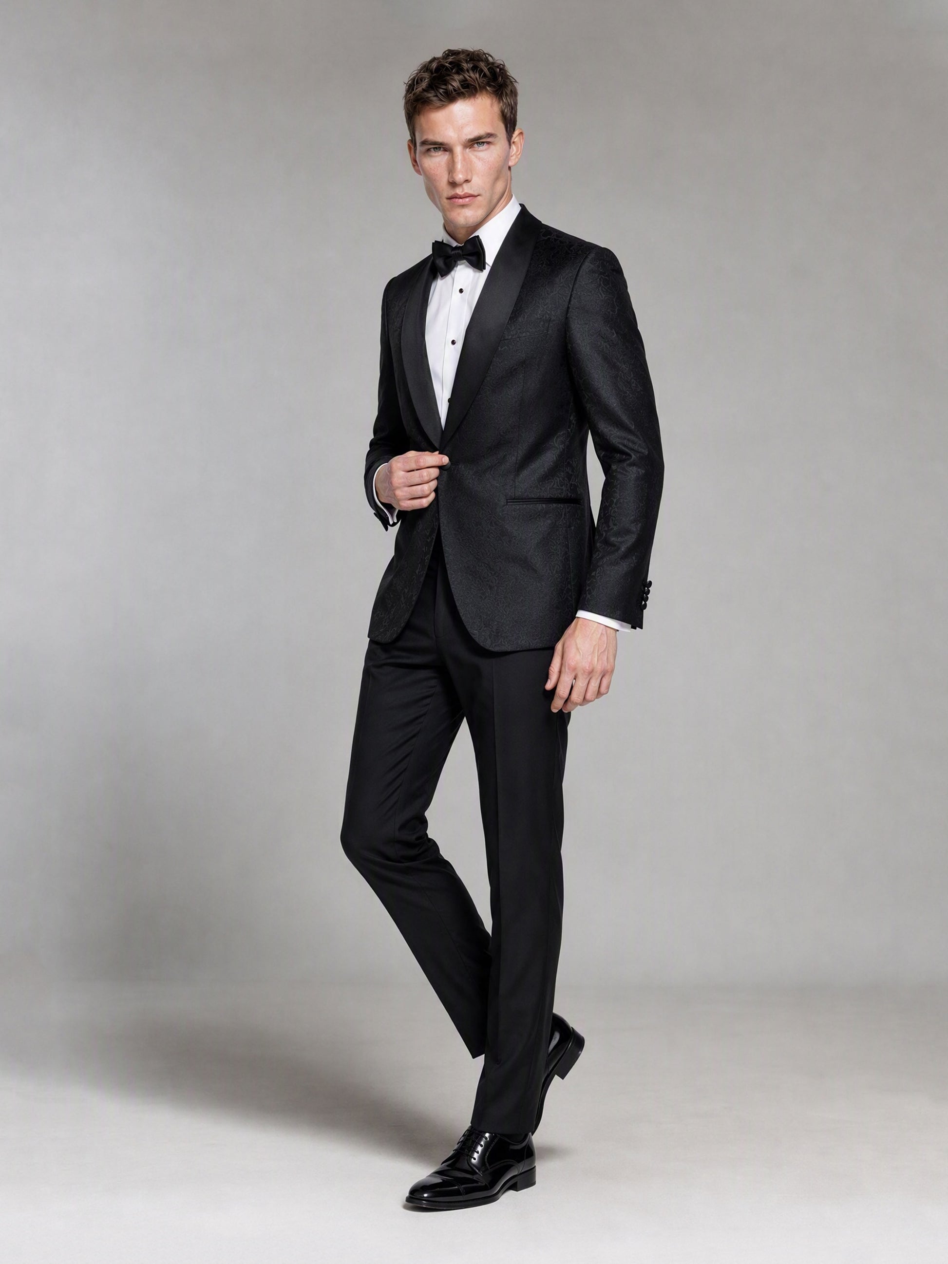 Men's Black Jacquard Tuxedo Suit – Full Body Front View
