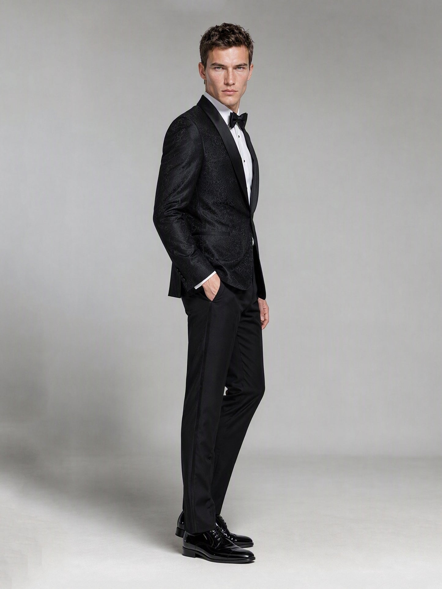 Men's Black Jacquard Tuxedo Suit – Side Walking View