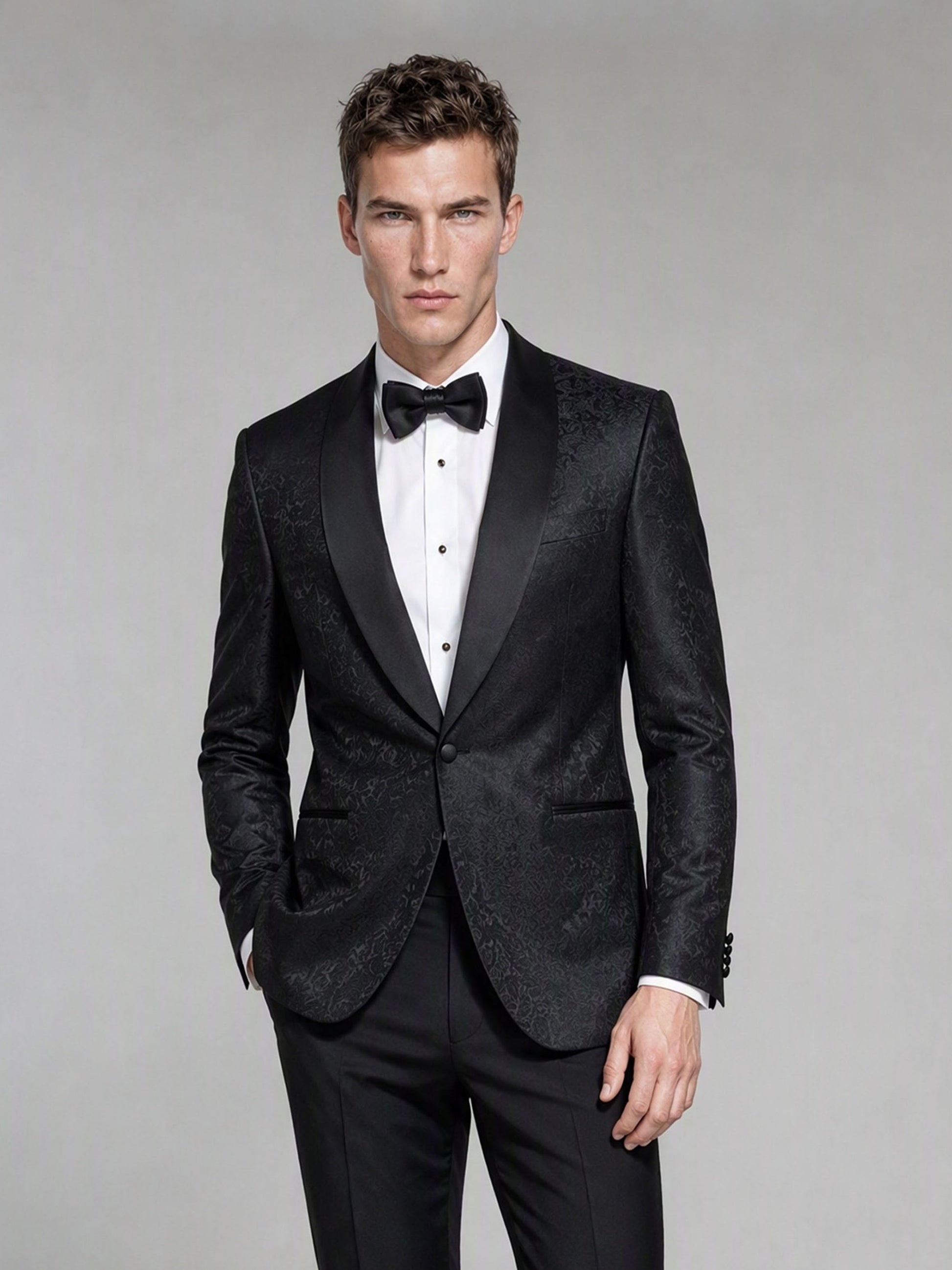 Men's Black Jacquard Tuxedo Suit – Full Body Front Second Angle
