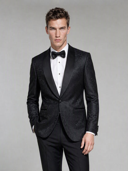 Men's Black Jacquard Tuxedo Suit – Full Body Front Second Angle