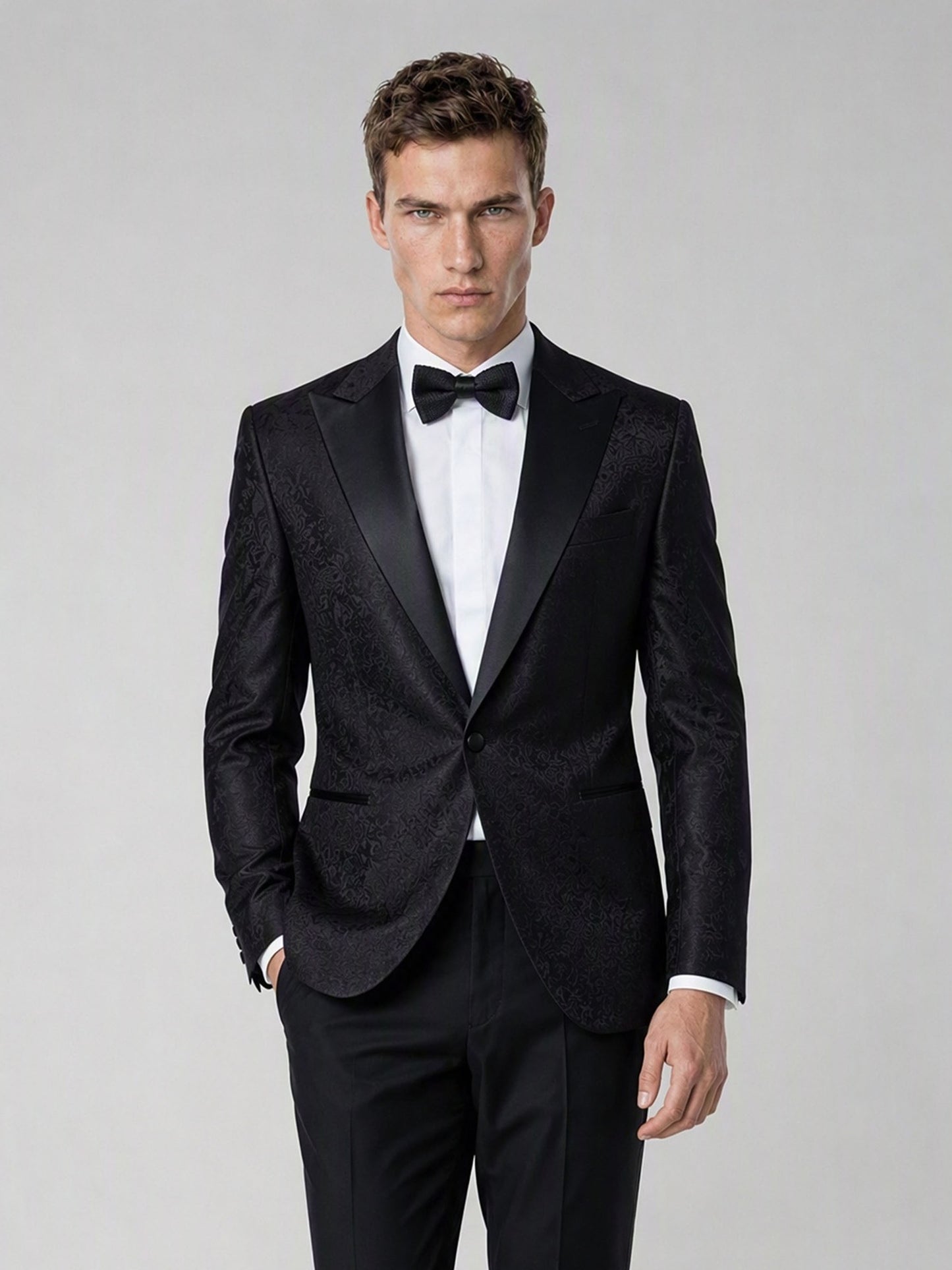Men's Black Jacquard Peak Lapel Tuxedo Suit – Upper Body Front View Showing Peak Lapel & Jacquard Detail