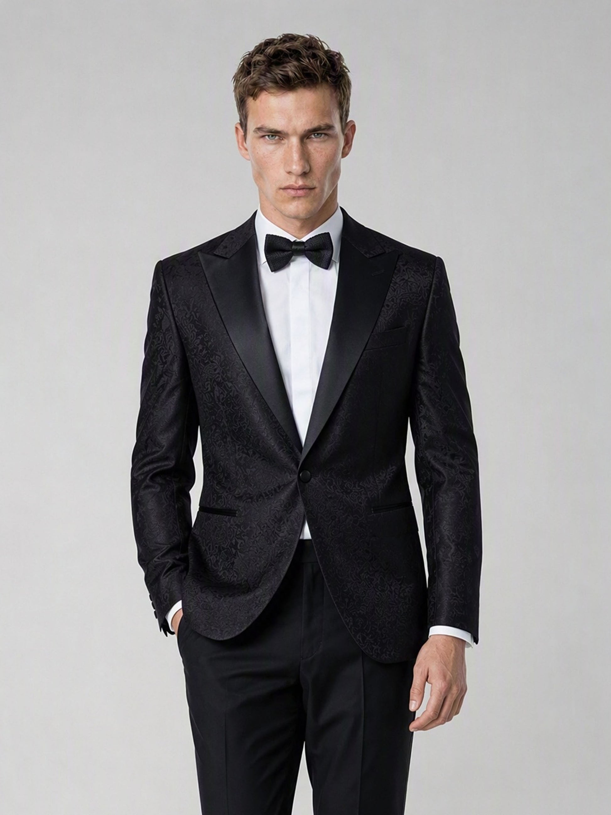 Men's Black Jacquard Peak Lapel Tuxedo Suit – Upper Body Front View Showing Peak Lapel & Jacquard Detail