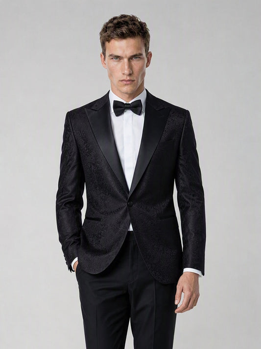 Men's Black Jacquard Peak Lapel Tuxedo Suit – Upper Body Front View Showing Peak Lapel & Jacquard Detail