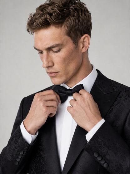 Men's Black Jacquard Peak Lapel Tuxedo Suit – Bow Tie Adjustment Close-Up