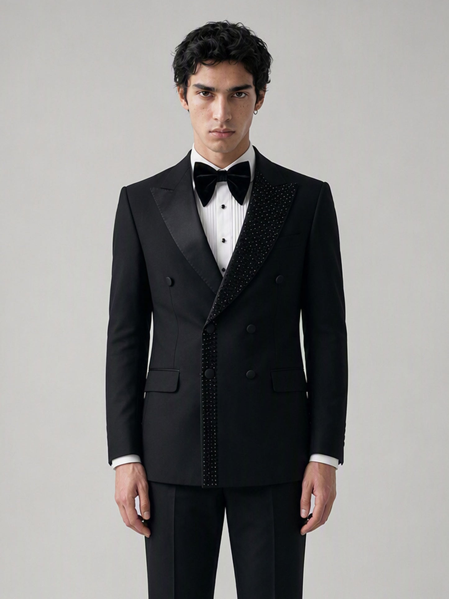 Savile GA0131 black tuxedo suit set - full front view with bow tie and patent Oxford shoes