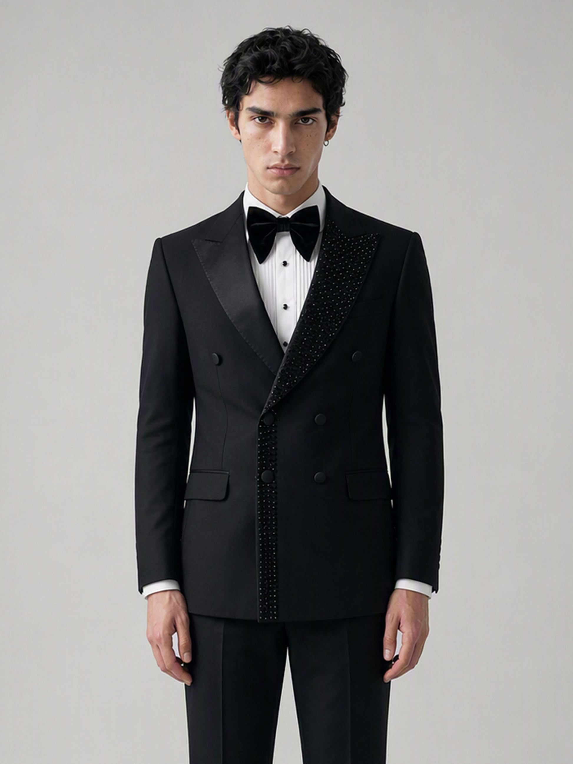 Savile GA0131 black tuxedo suit set - full front view with bow tie and patent Oxford shoes