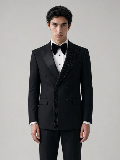 Savile GA0131 black tuxedo suit set - full front view with bow tie and patent Oxford shoes