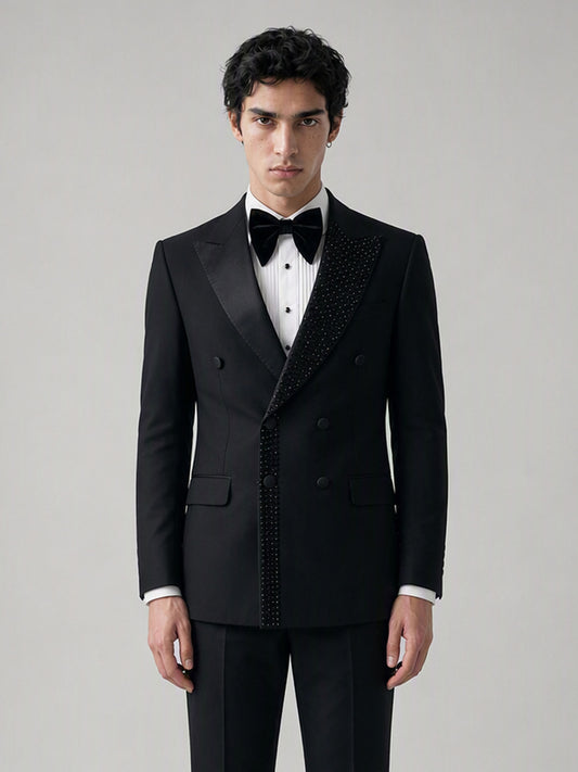 Savile GA0131 black tuxedo suit set - full front view with bow tie and patent Oxford shoes