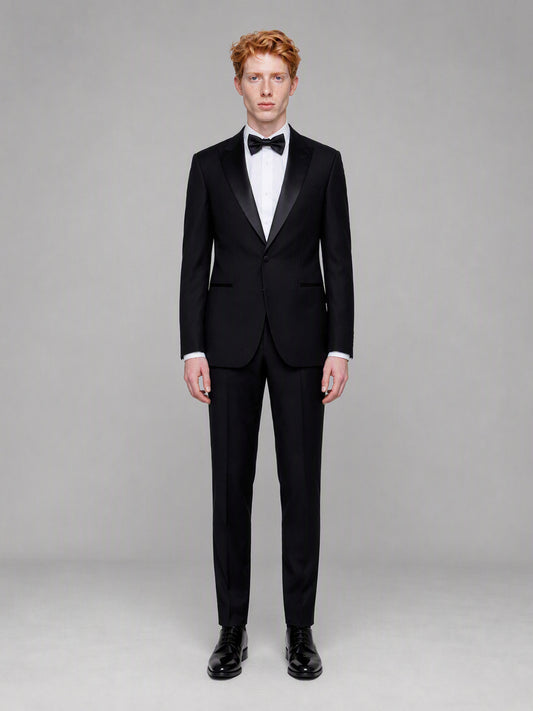 Savile GA0132 black tuxedo suit set - rear three-quarter view showing back construction and trouser cut