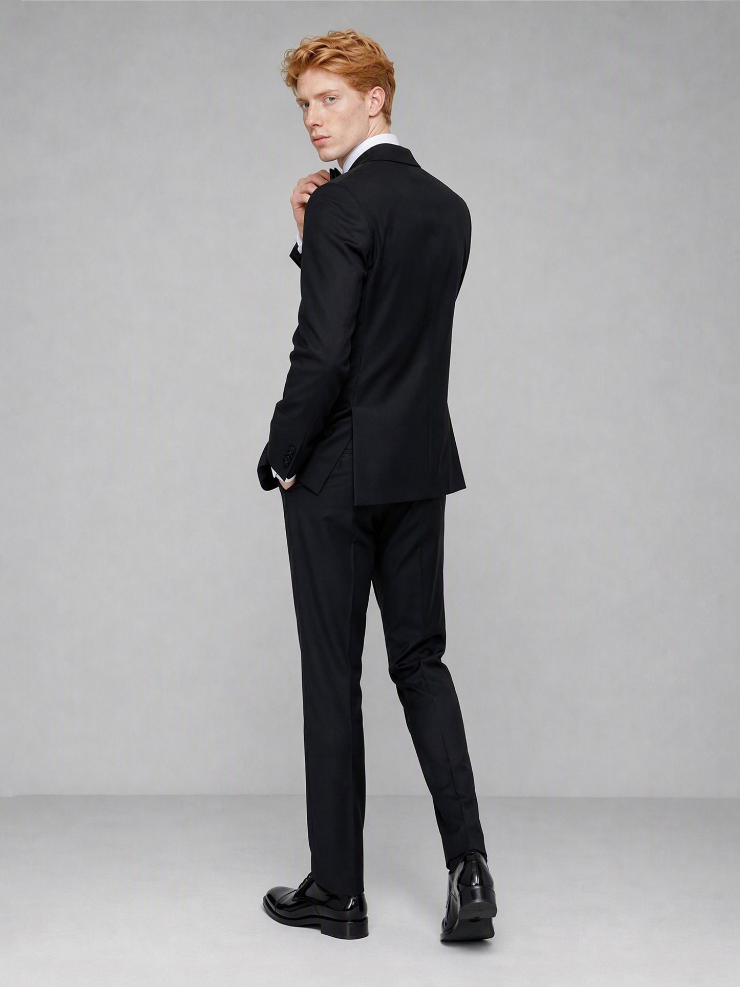 Savile GA0132 black satin peak lapel tuxedo suit - full front view with bow tie, showing complete 3-piece silhouette