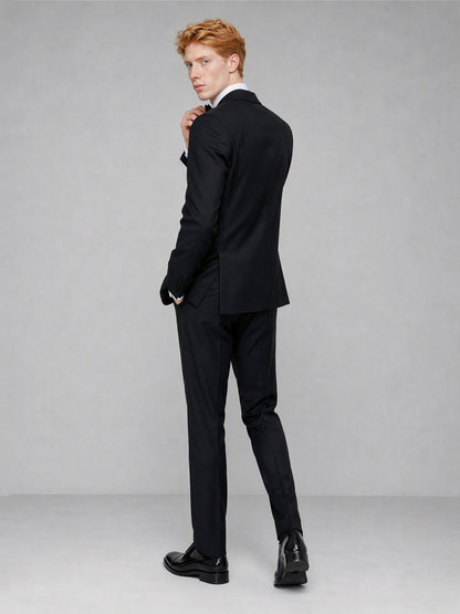 Savile GA0132 black satin peak lapel tuxedo suit - full front view with bow tie, showing complete 2-piece silhouette