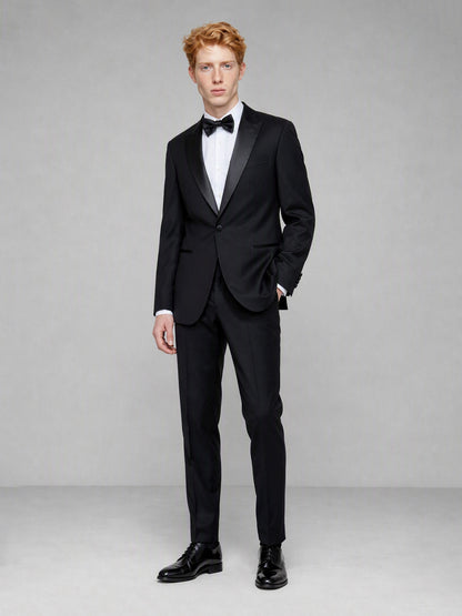 Savile GA0132 black tuxedo suit set - three-quarter front view showing slim tailored fit and satin lapel detail