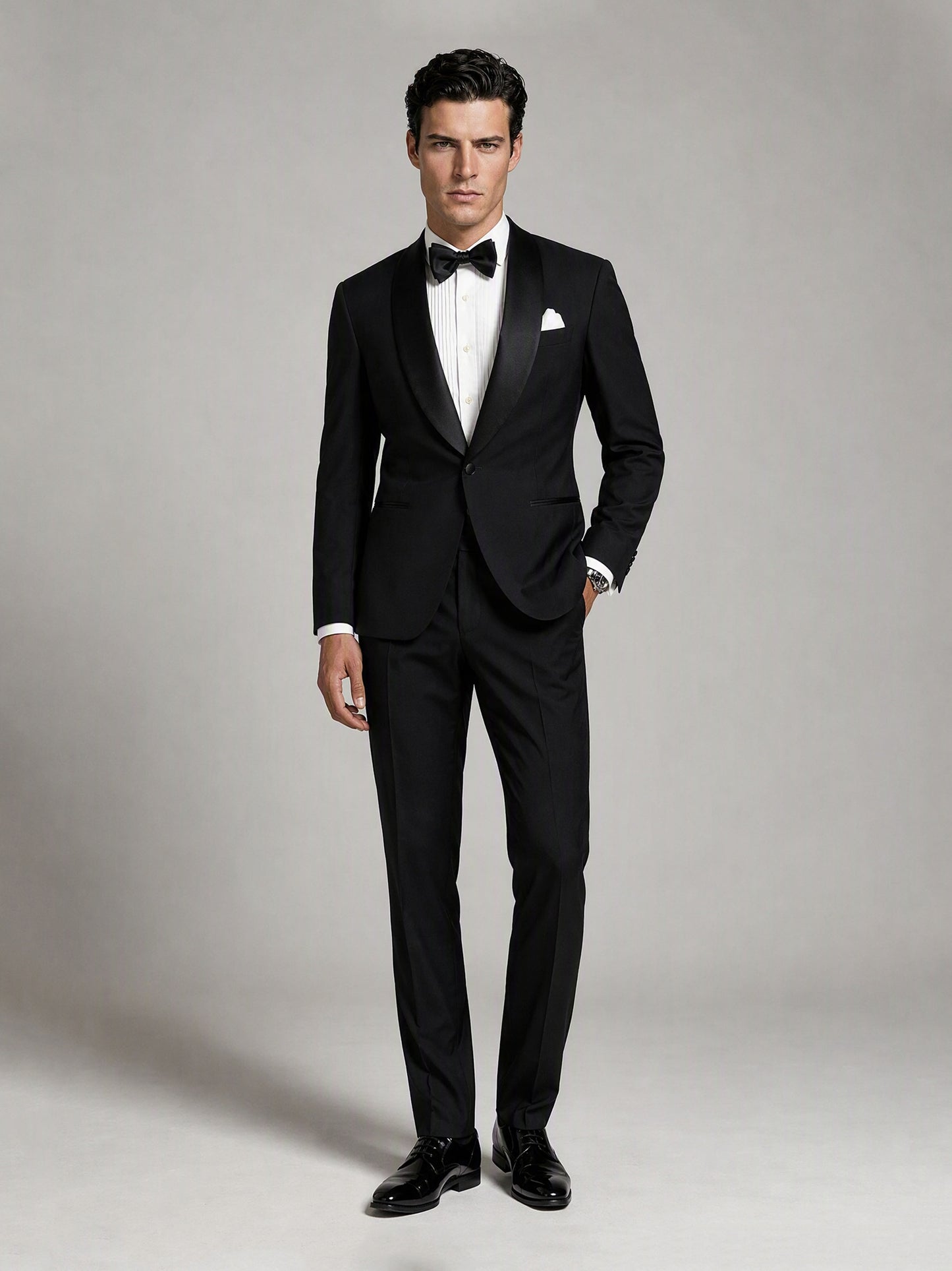 Savile GA0133 black satin shawl lapel tuxedo suit - full front view with bow tie and pocket square, complete 3-piece silhouette