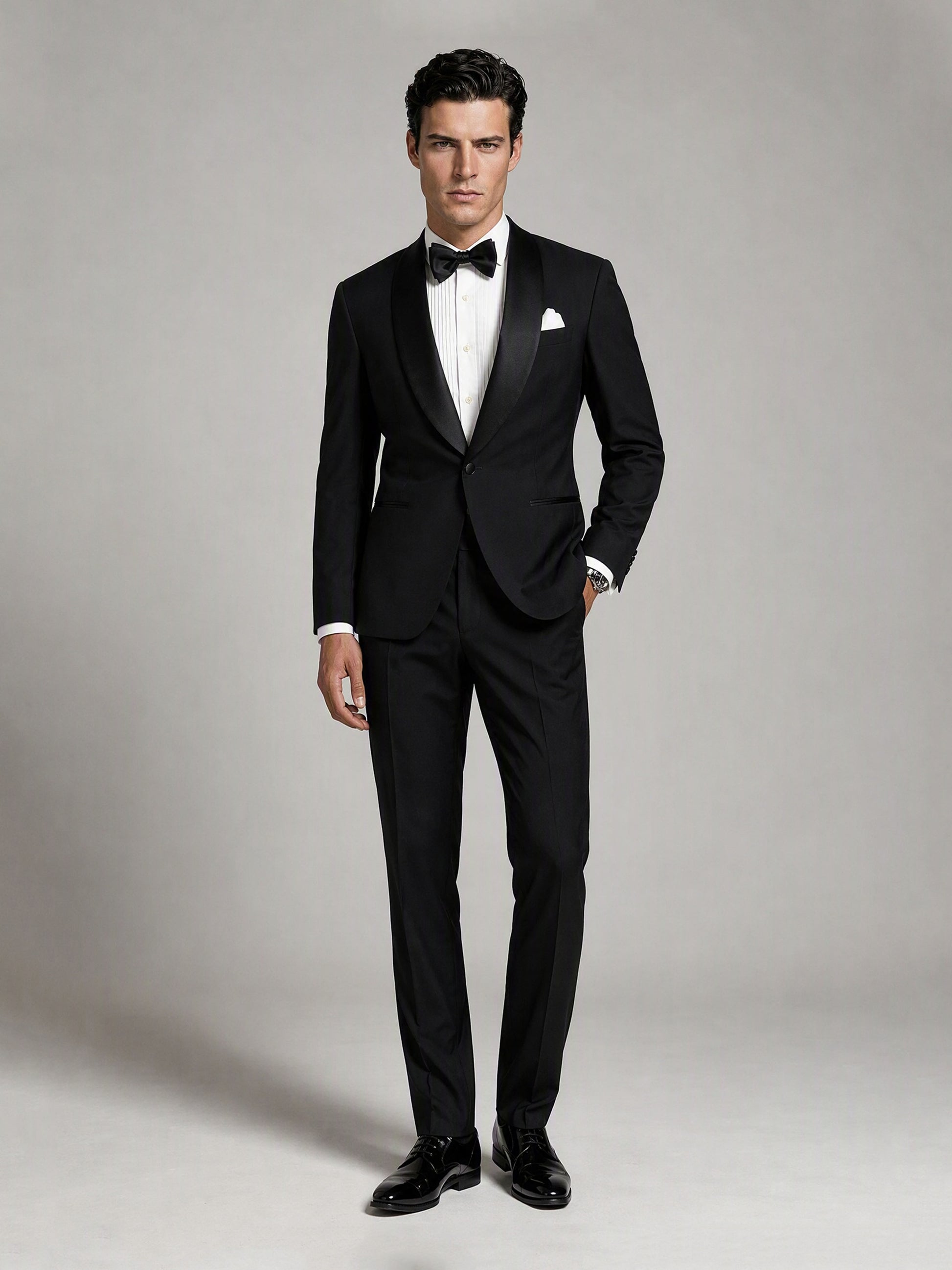 Savile GA0133 black satin shawl lapel tuxedo suit - full front view with bow tie and pocket square, complete 3-piece silhouette