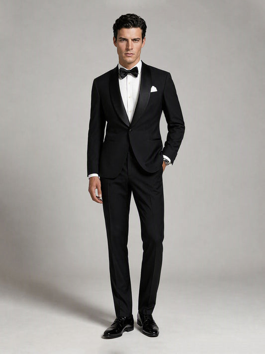 Savile GA0133 black satin shawl lapel tuxedo suit - full front view with bow tie and pocket square, complete 2-piece silhouette