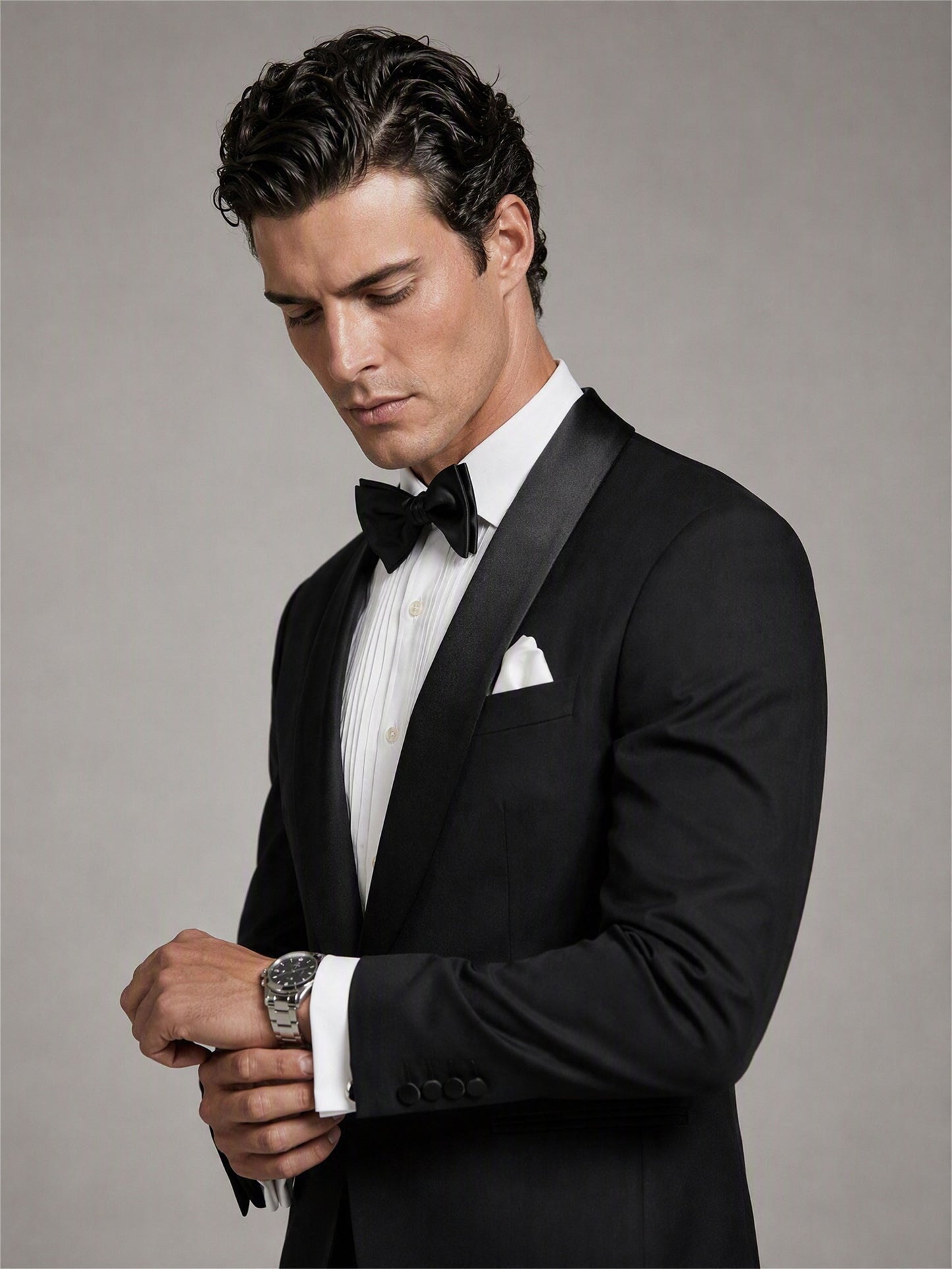 Savile GA0133 black tuxedo suit - side three-quarter view showing French cuff and watch styling