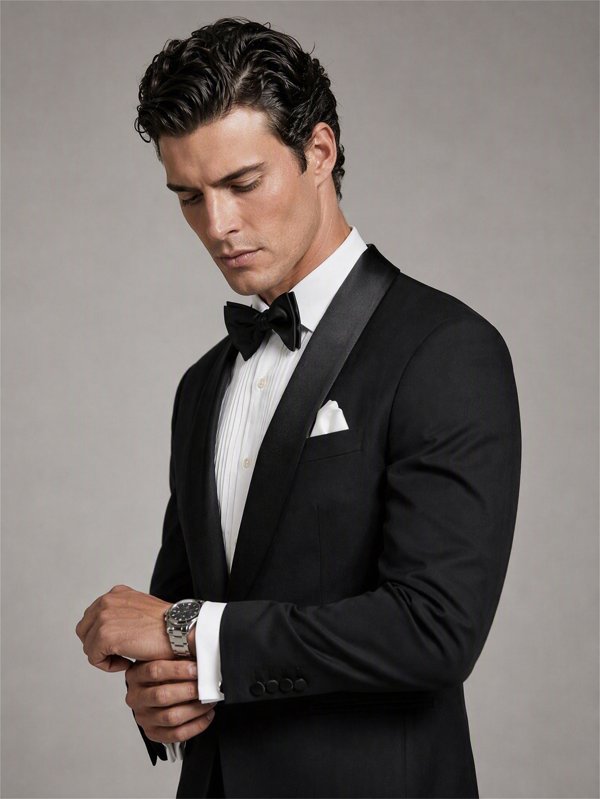 Savile GA0133 black tuxedo suit - side three-quarter view showing French cuff and watch styling
