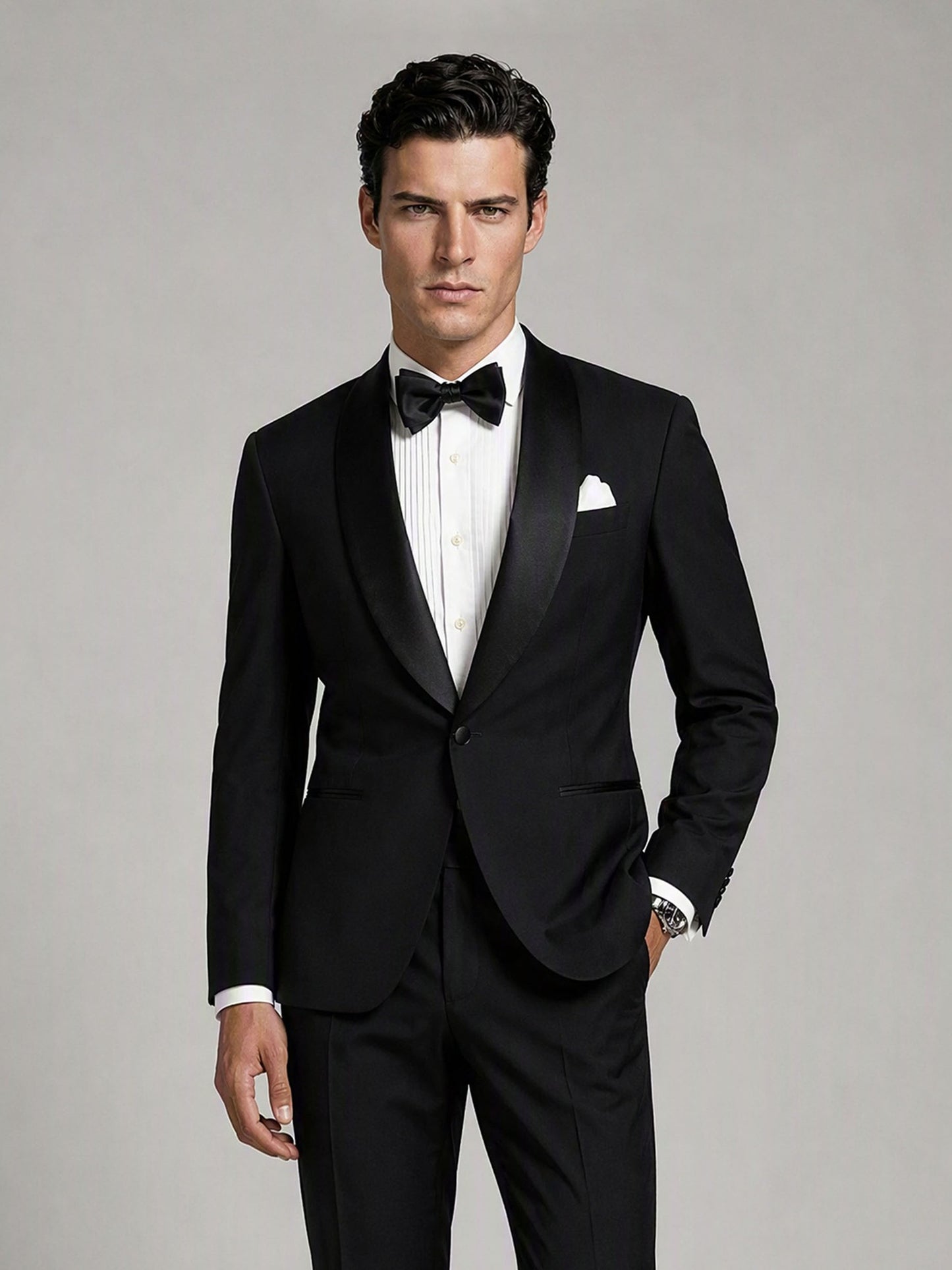 Savile GA0133 black tuxedo suit - three-quarter front view showing shawl lapel detail and slim tailored fit