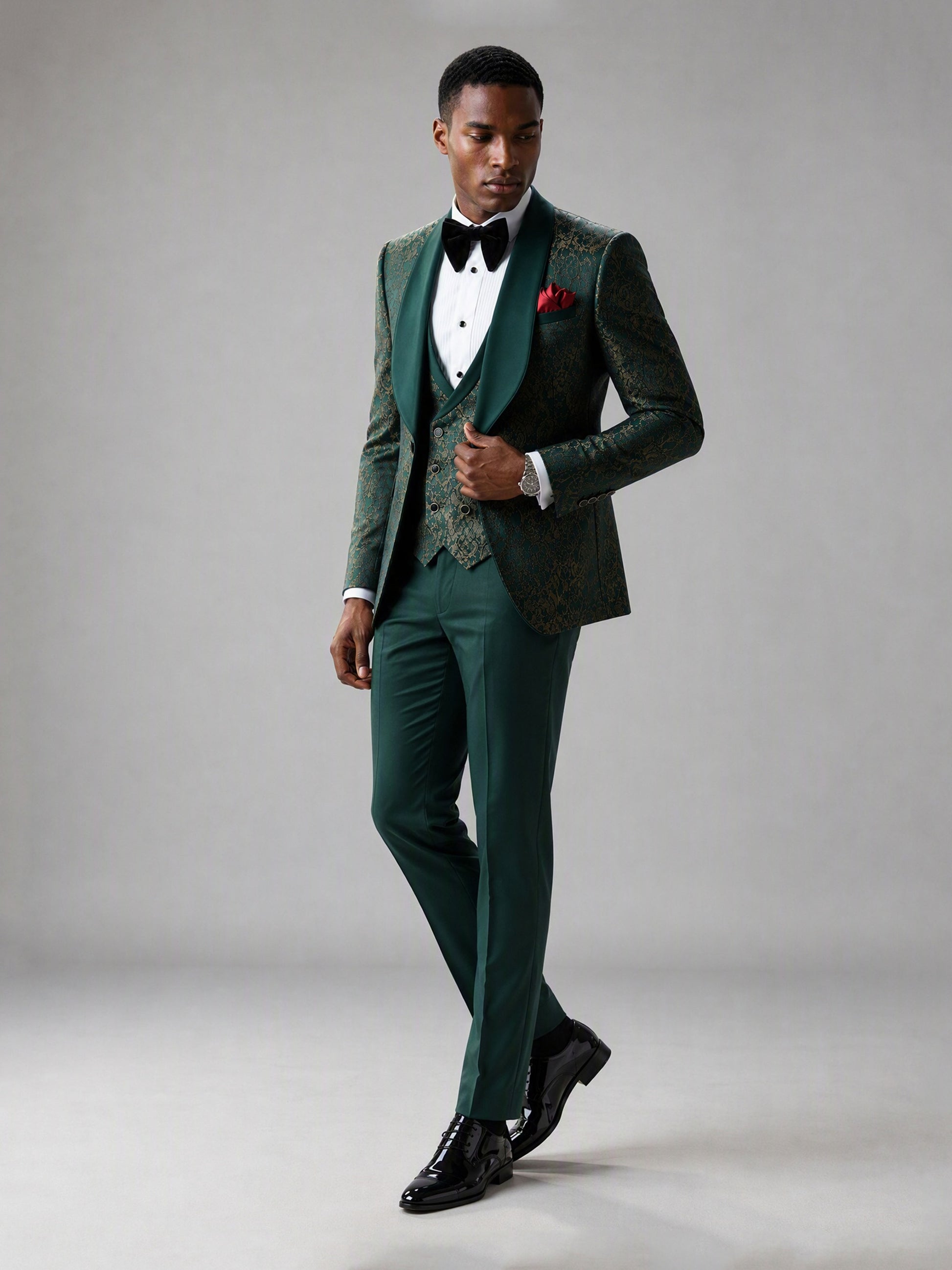 Savile GA0134 green gold jacquard tuxedo suit set - full front view showing complete 4-piece silhouette with bow tie and red pocket square