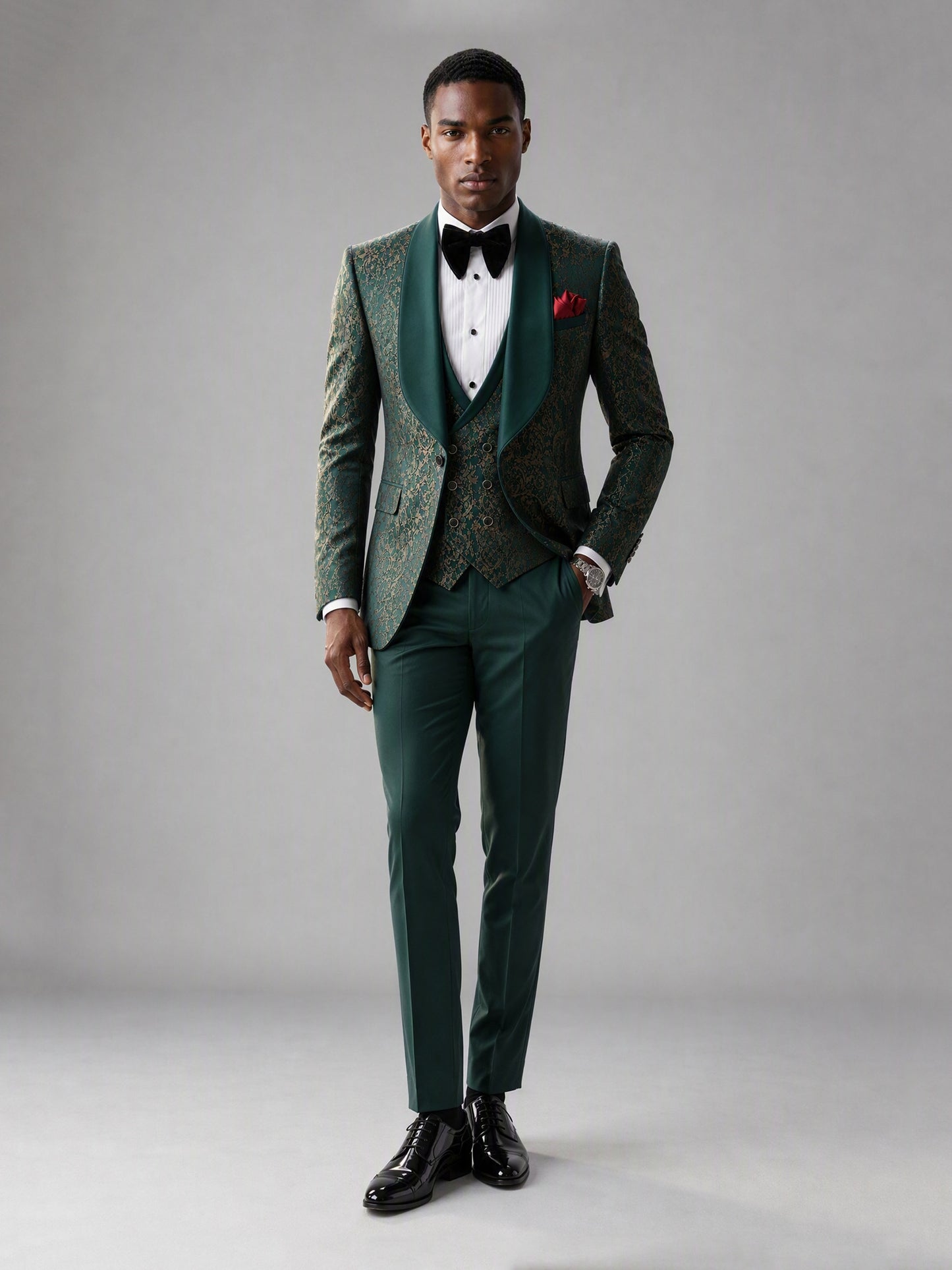 Savile GA0134 green jacquard tuxedo suit - three-quarter front view showing shawl lapel, jacquard vest and slim trouser fit