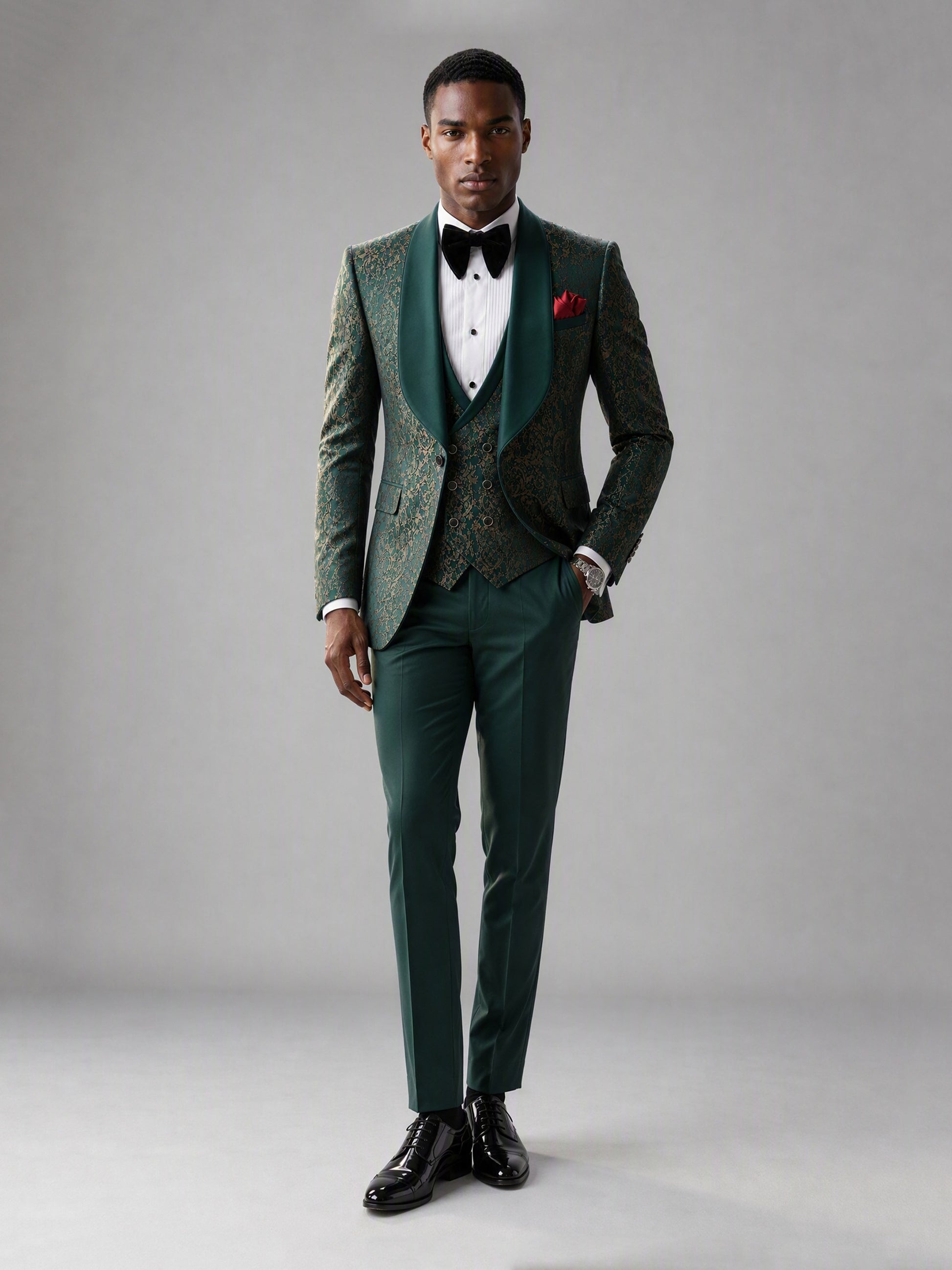 Savile GA0134 green jacquard tuxedo suit - three-quarter front view showing shawl lapel, jacquard vest and slim trouser fit