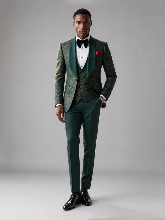 Savile GA0134 green jacquard tuxedo suit - three-quarter front view showing shawl lapel, jacquard vest and slim trouser fit