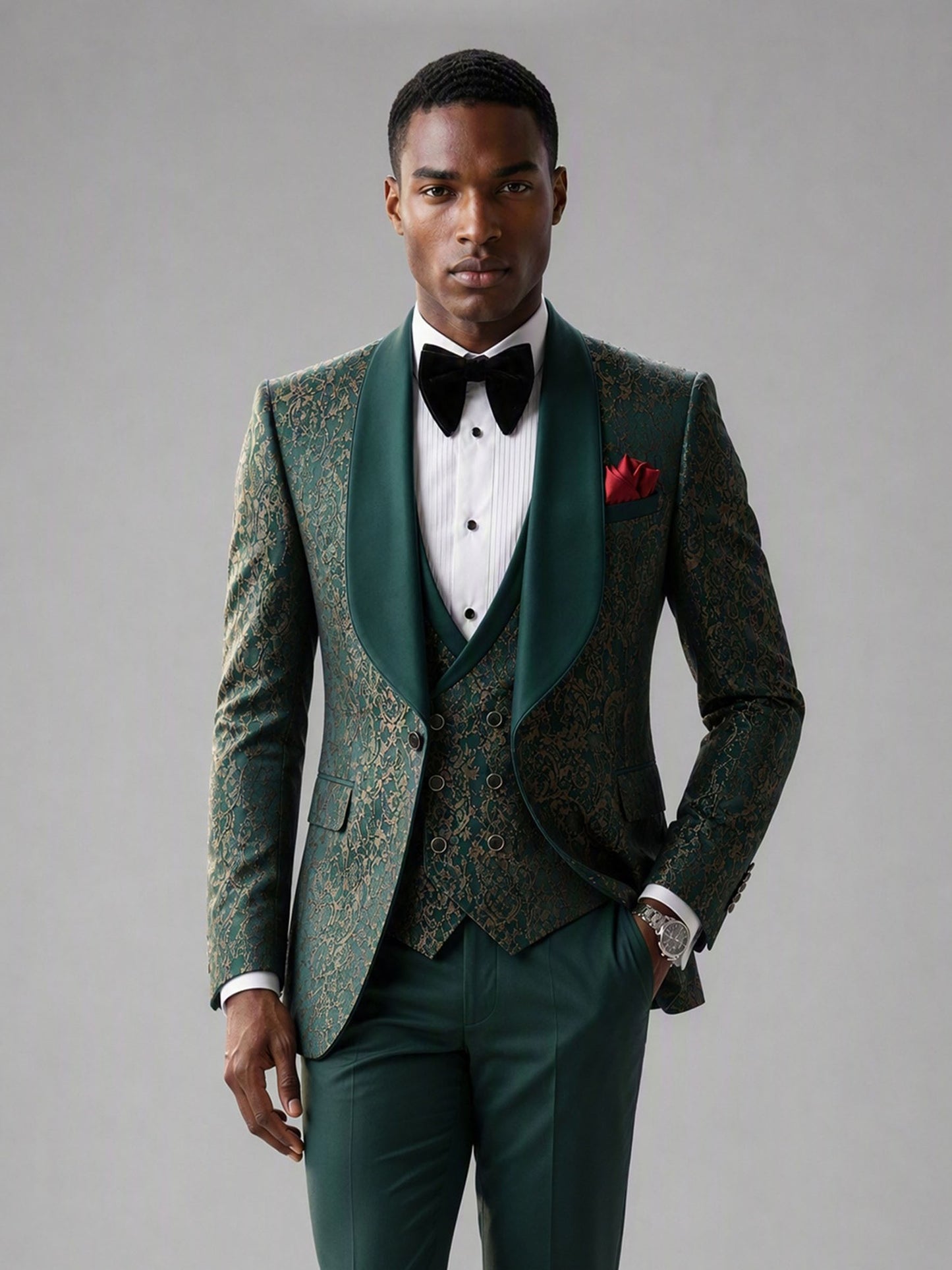 Savile GA0134 green jacquard tuxedo suit set - rear full-length view showing jacquard back construction and trouser cut