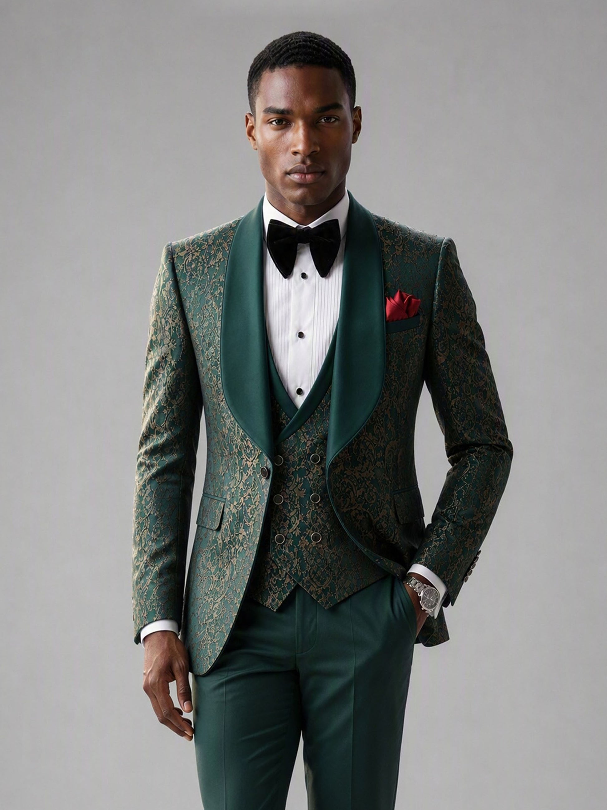 Savile GA0134 green jacquard tuxedo suit set - rear full-length view showing jacquard back construction and trouser cut