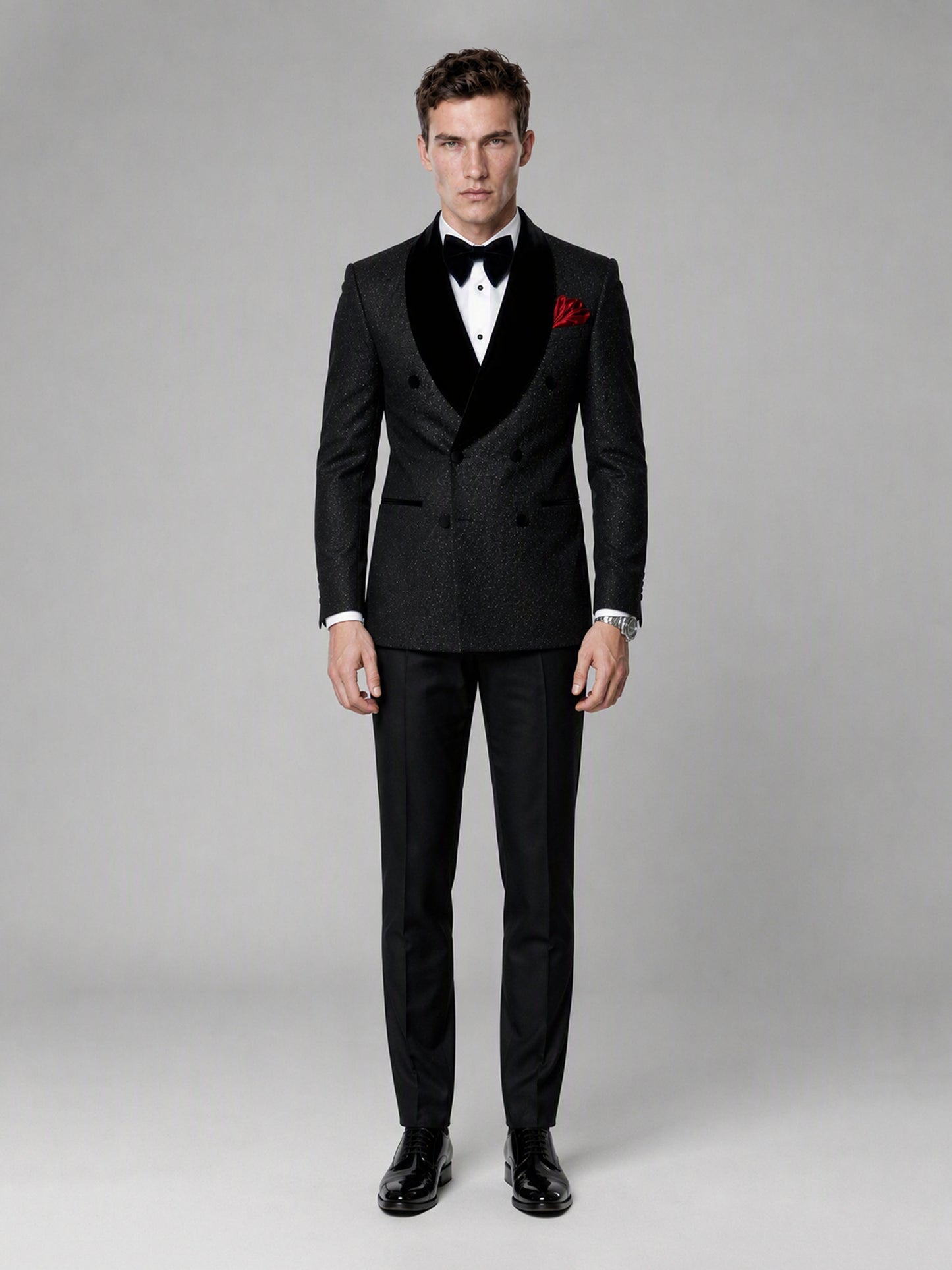 Savile GA0135 black glitter jacquard tuxedo suit - full-length front view showing complete 3-piece silhouette and patent Oxford shoes