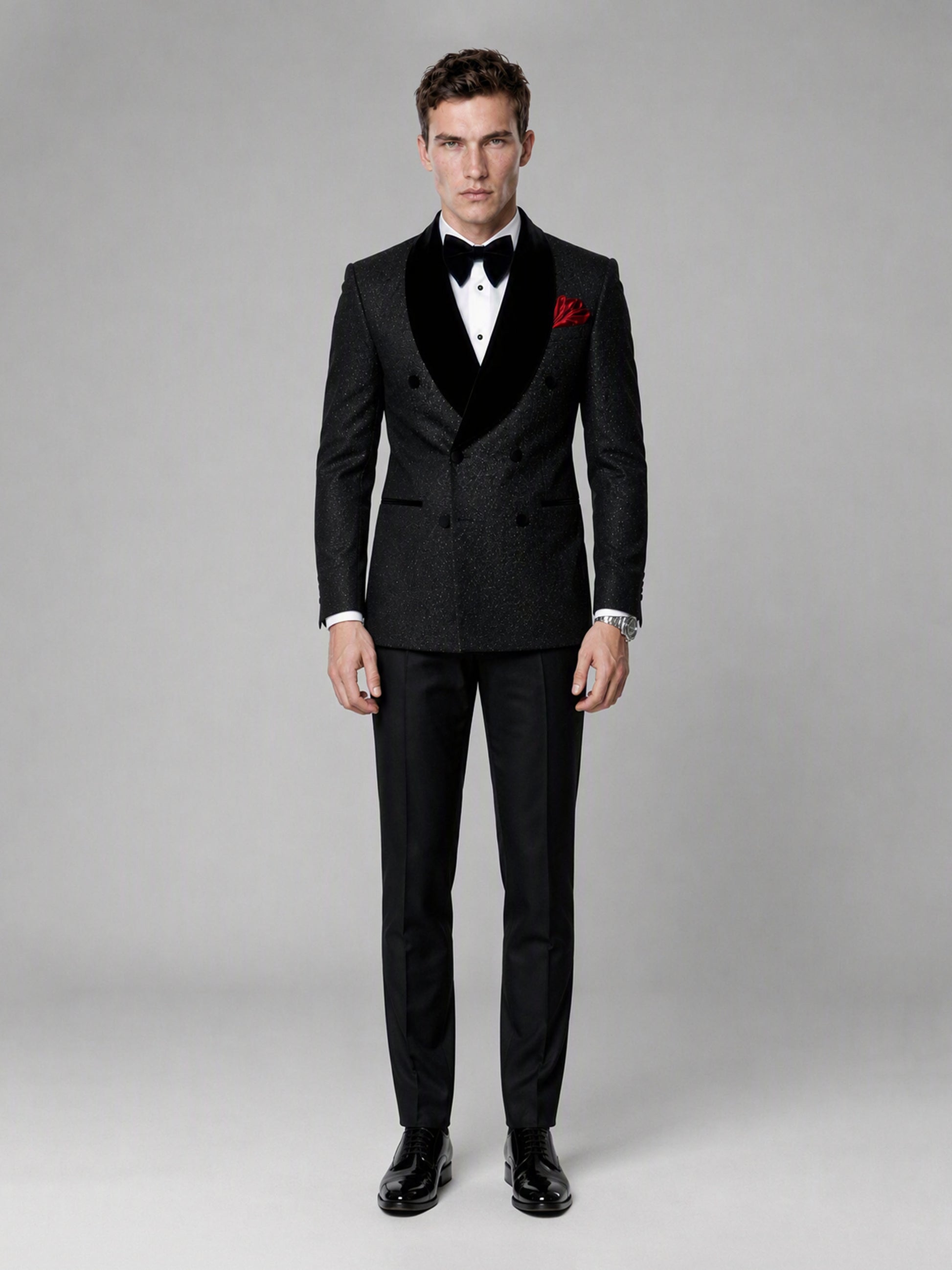 Savile GA0135 black glitter jacquard tuxedo suit - full-length front view showing complete 3-piece silhouette and patent Oxford shoes