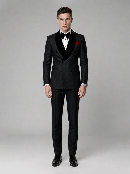 Savile GA0135 black glitter jacquard tuxedo suit - full-length front view showing complete 2-piece silhouette and patent Oxford shoes