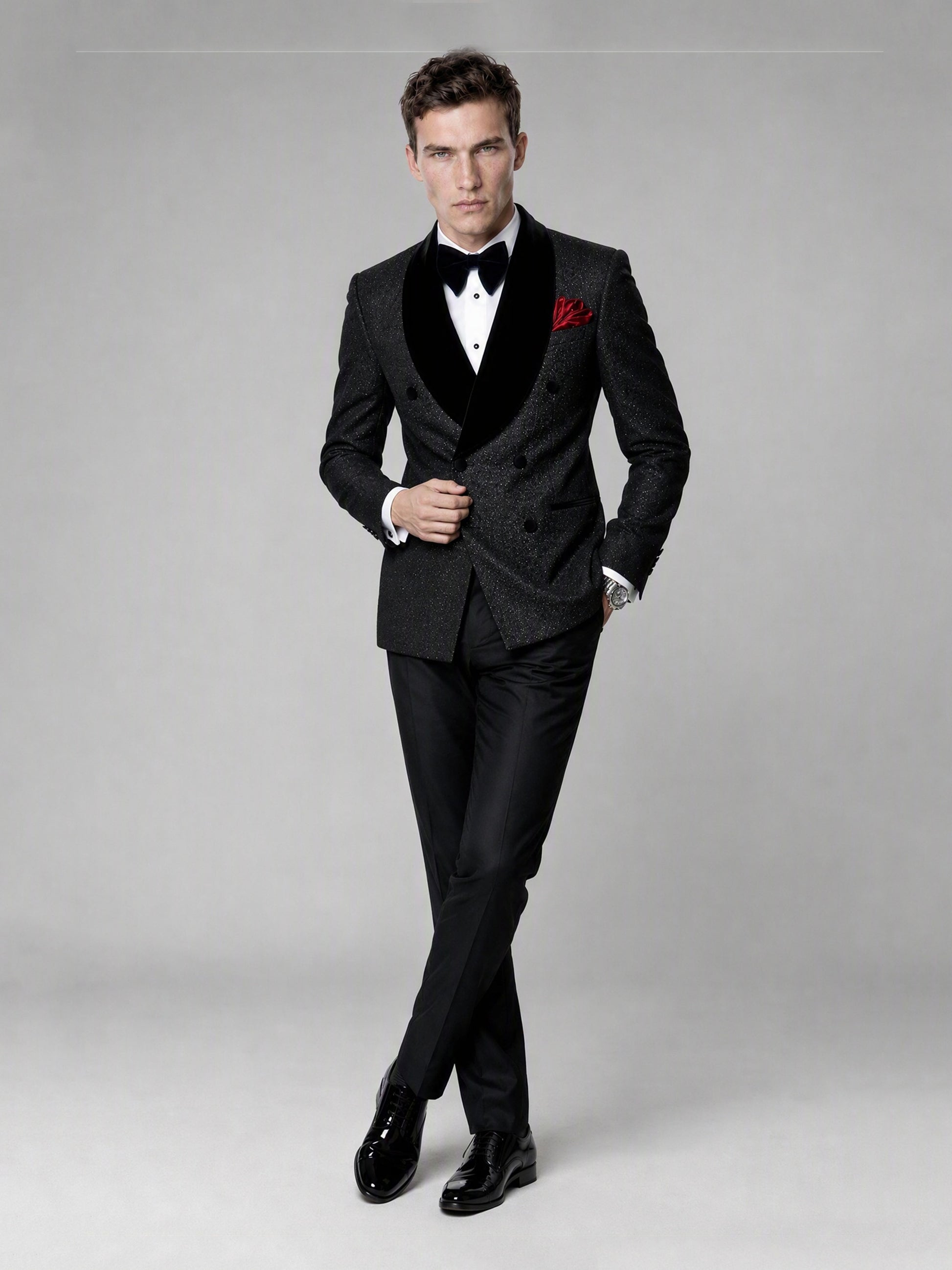 Savile GA0135 black tuxedo suit - dynamic pose showing glitter jacquard texture and slim tailored fit