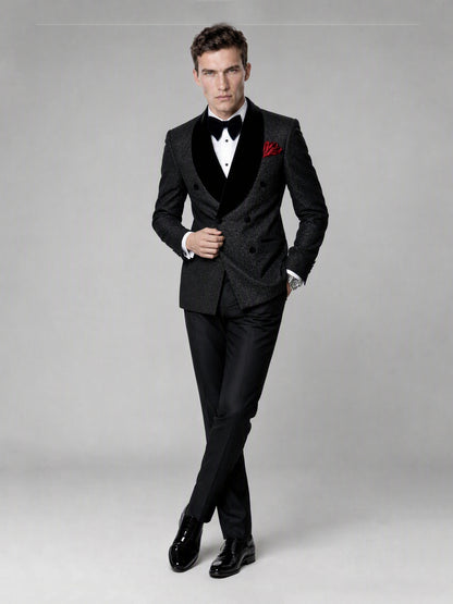 Savile GA0135 black tuxedo suit - dynamic pose showing glitter jacquard texture and slim tailored fit