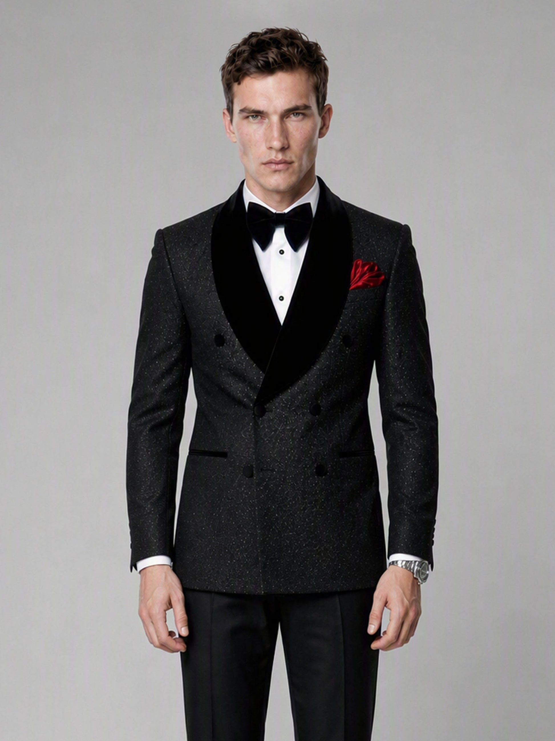 Savile GA0135 black glitter jacquard tuxedo suit set - rear three-quarter view showing back construction, velvet lapel edge and trouser cut
