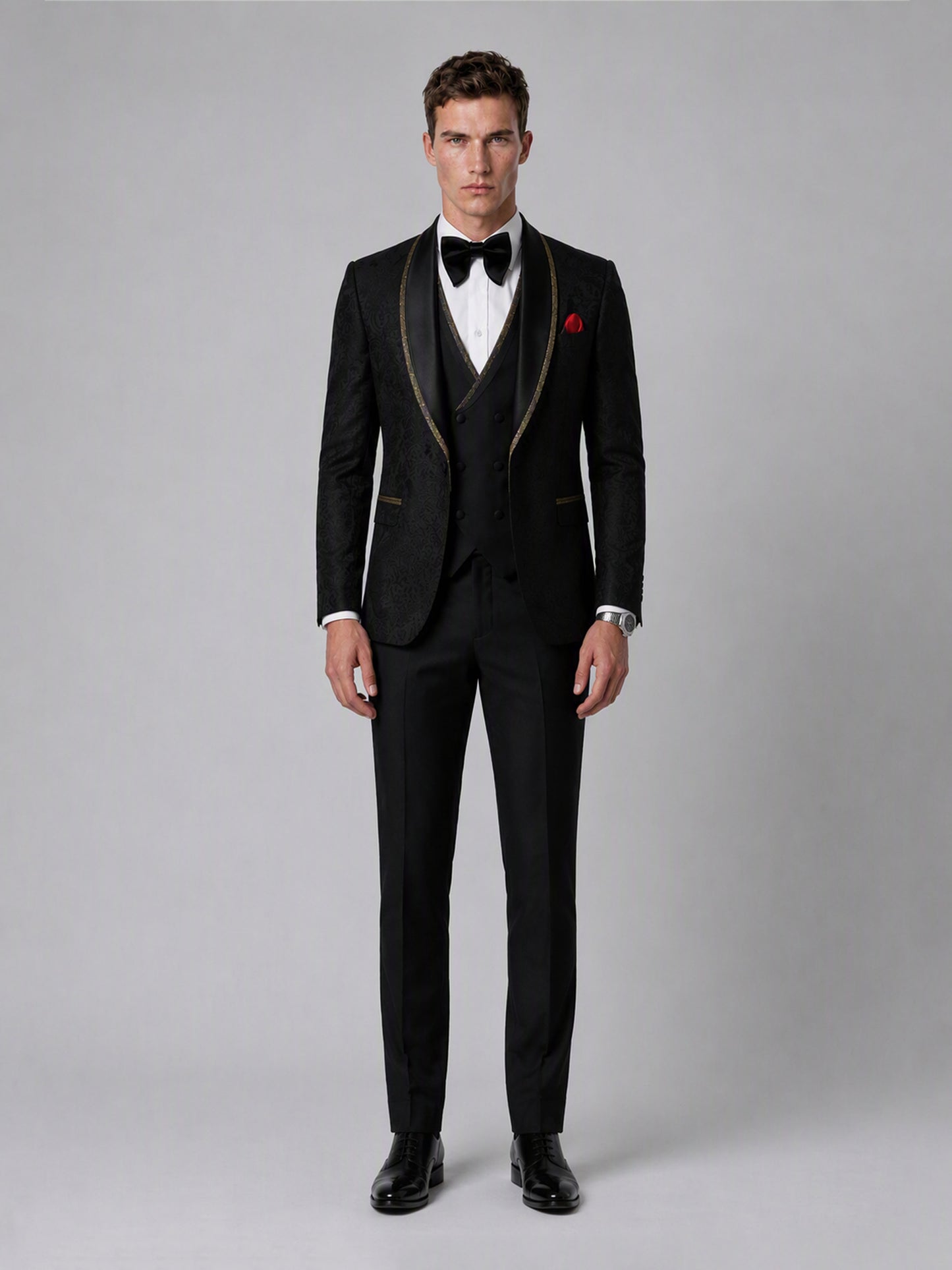 Savile GA0136 black jacquard gold-trim tuxedo suit - full front view showing complete 4-piece silhouette with bow tie and red pocket square