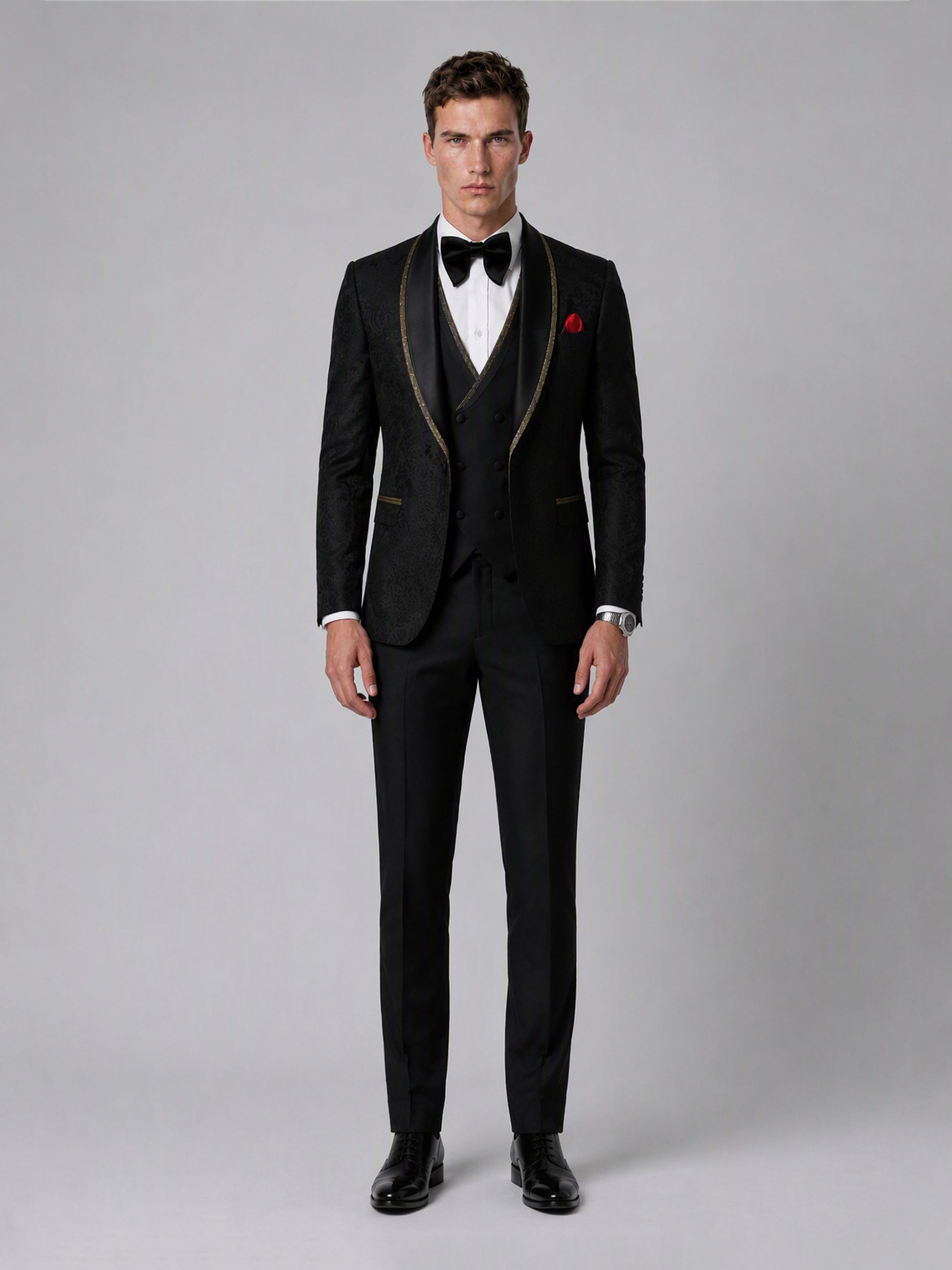 Savile GA0136 black jacquard gold-trim tuxedo suit - full front view showing complete 4-piece silhouette with bow tie and red pocket square