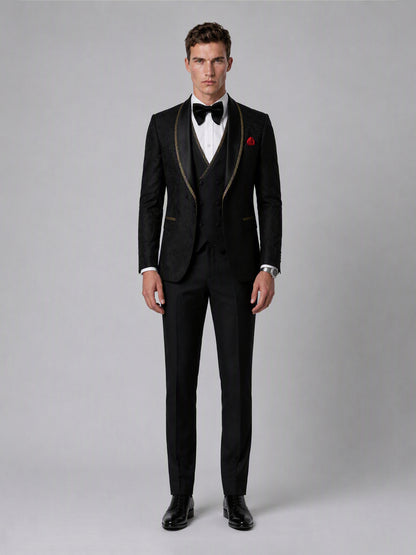 Savile GA0136 black jacquard gold-trim tuxedo suit - full front view showing complete 3-piece silhouette with bow tie and red pocket square