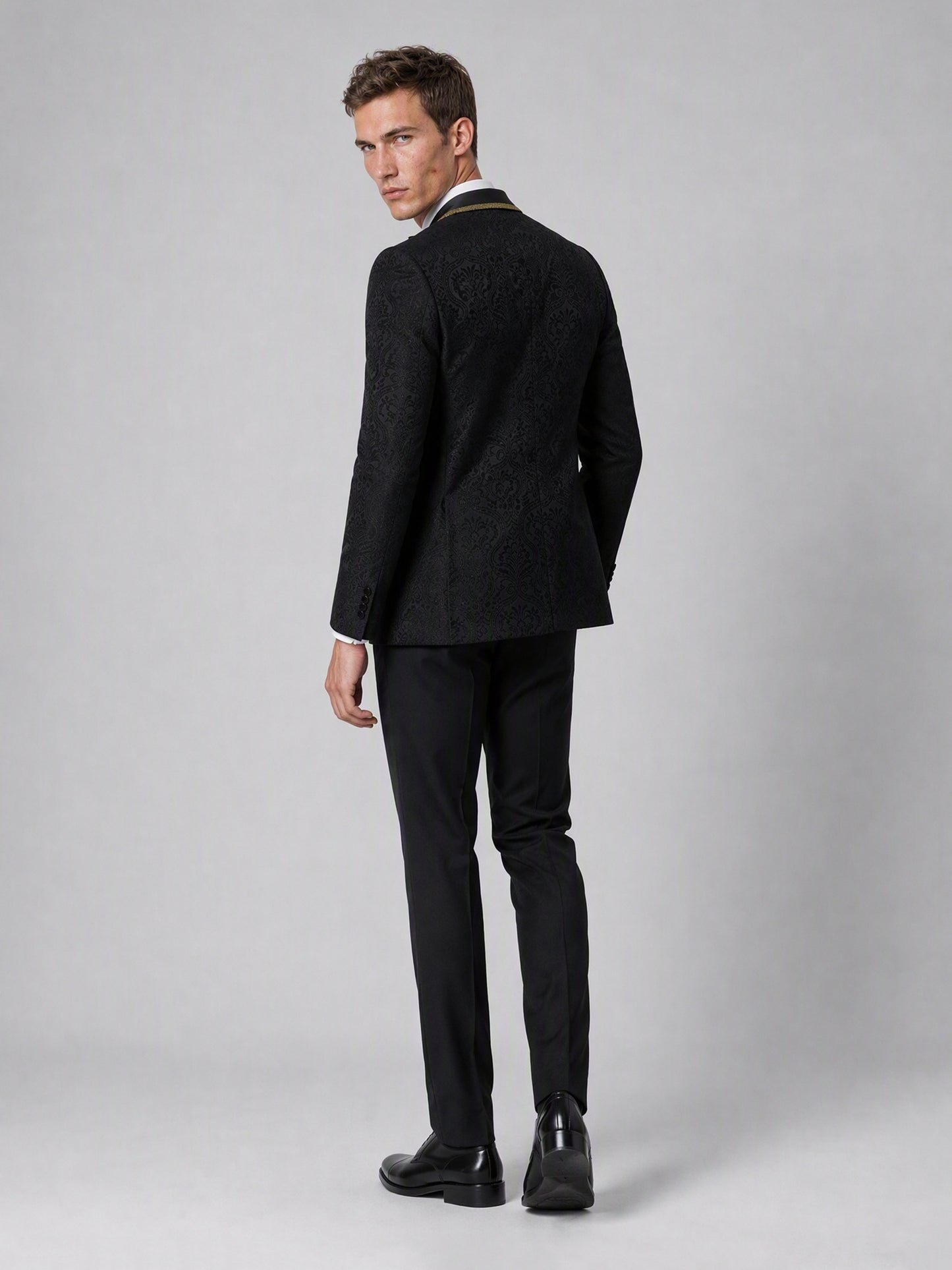Savile GA0136 black jacquard tuxedo suit set - rear three-quarter view showing jacquard back construction and trouser cut