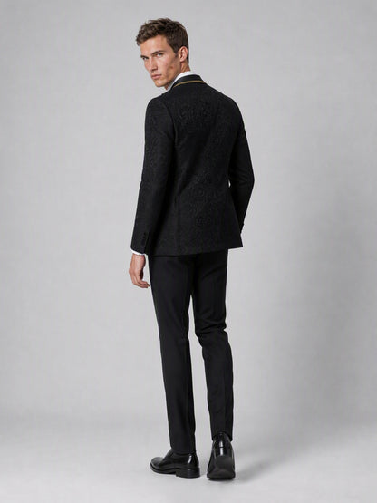 Savile GA0136 black jacquard tuxedo suit set - rear three-quarter view showing jacquard back construction and trouser cut