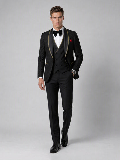 Savile GA0136 black jacquard tuxedo suit - dynamic walking pose showing full 3-piece ensemble with vest layering and patent Oxford shoes