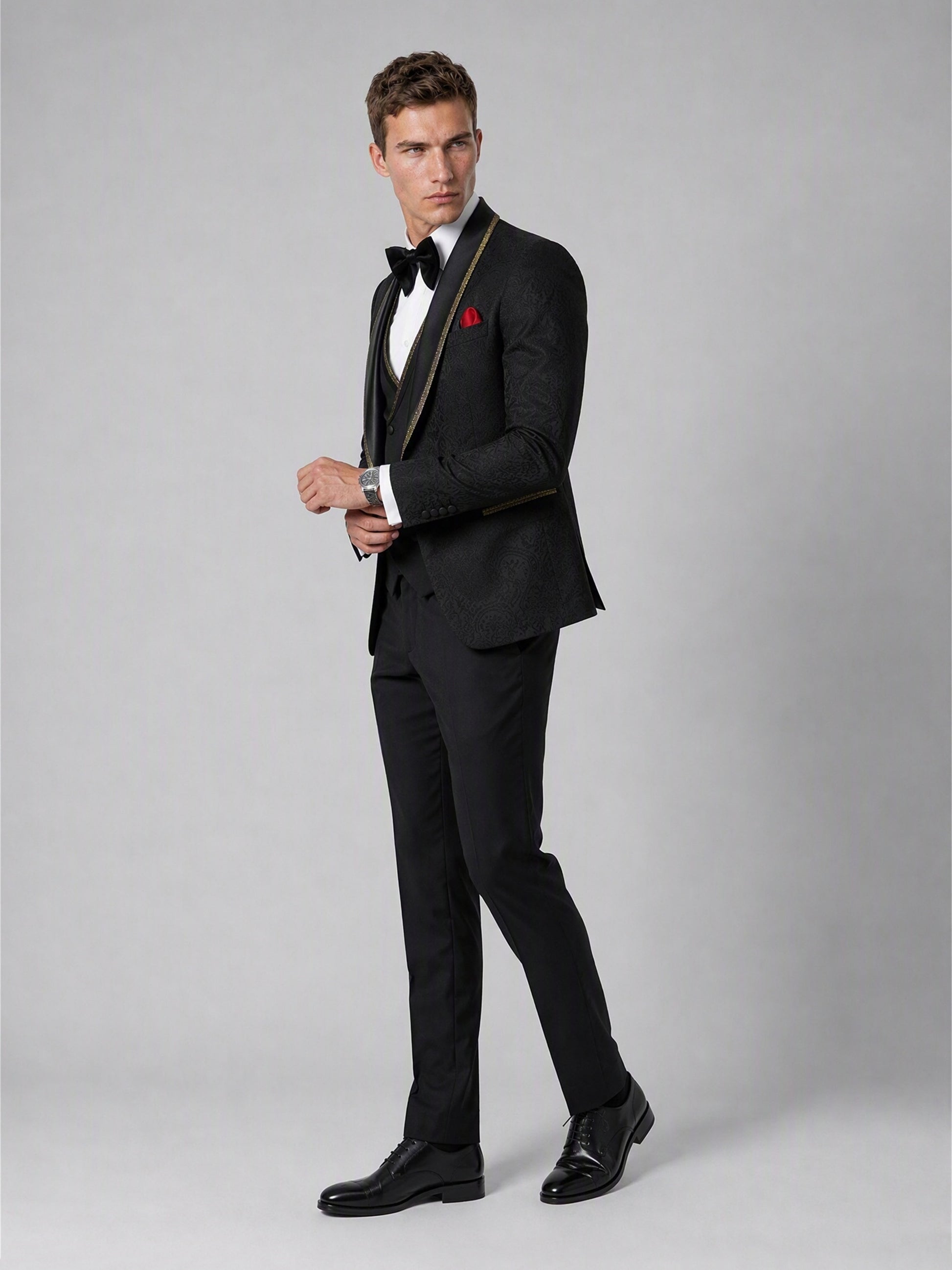 Savile GA0136 black jacquard tuxedo suit - side three-quarter view showing slim tailored fit and gold-trim pocket detail