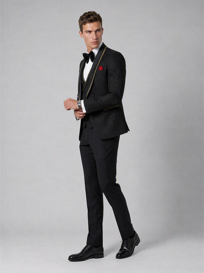 Savile GA0136 black jacquard tuxedo suit - side three-quarter view showing slim tailored fit and gold-trim pocket detail