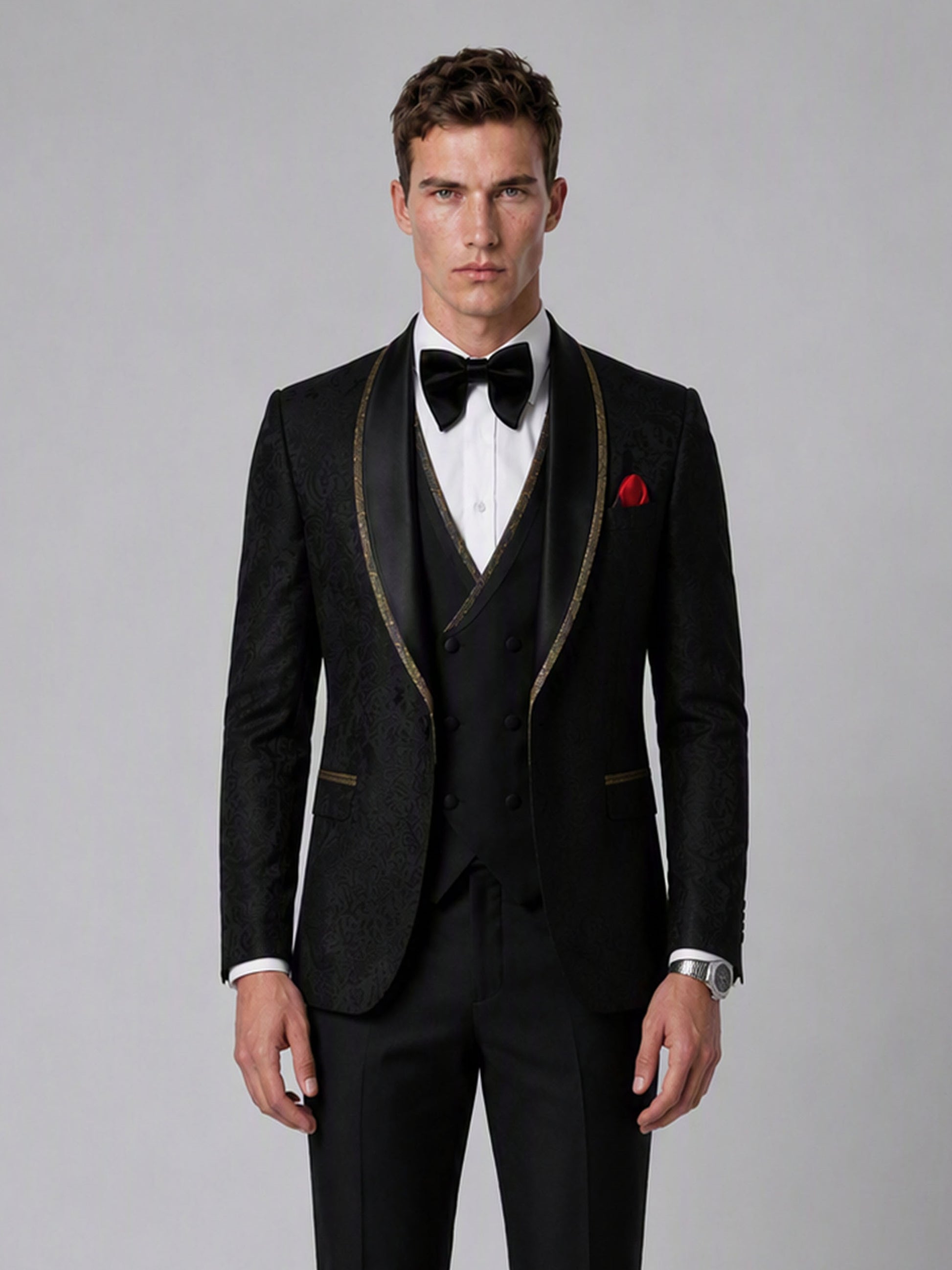 Savile GA0136 black jacquard tuxedo suit - upper body close-up showing gold-trim shawl lapel, double-breasted vest and bow tie detail