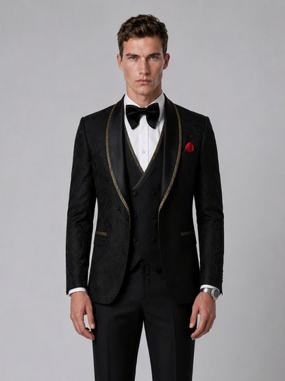 Savile GA0136 black jacquard tuxedo suit - upper body close-up showing gold-trim shawl lapel, double-breasted vest and bow tie detail