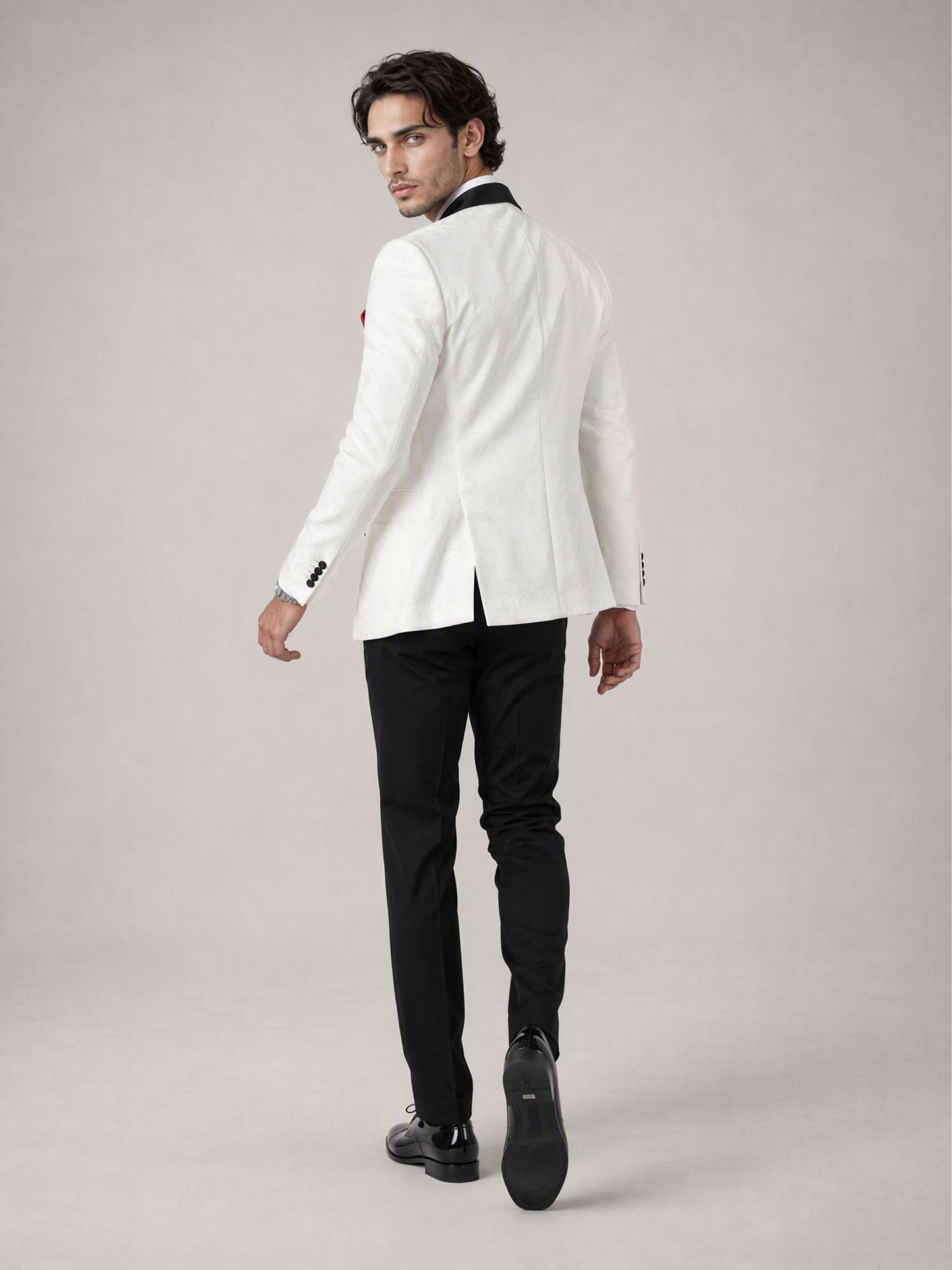 Savile GA0137 ivory jacquard tuxedo suit - rear three-quarter walking view showing back construction and trouser cut