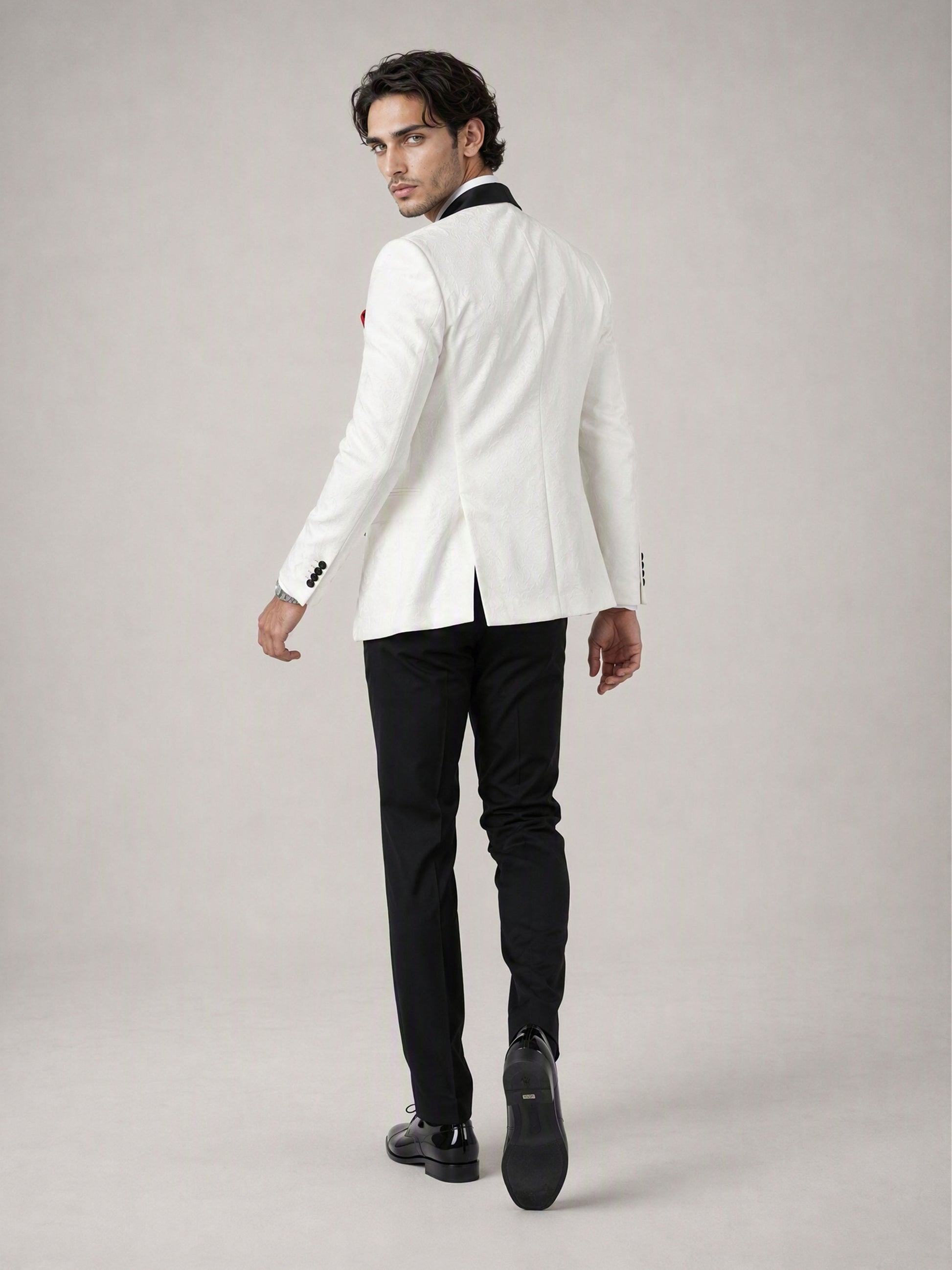 Savile GA0137 ivory jacquard tuxedo suit - rear three-quarter walking view showing back construction and trouser cut
